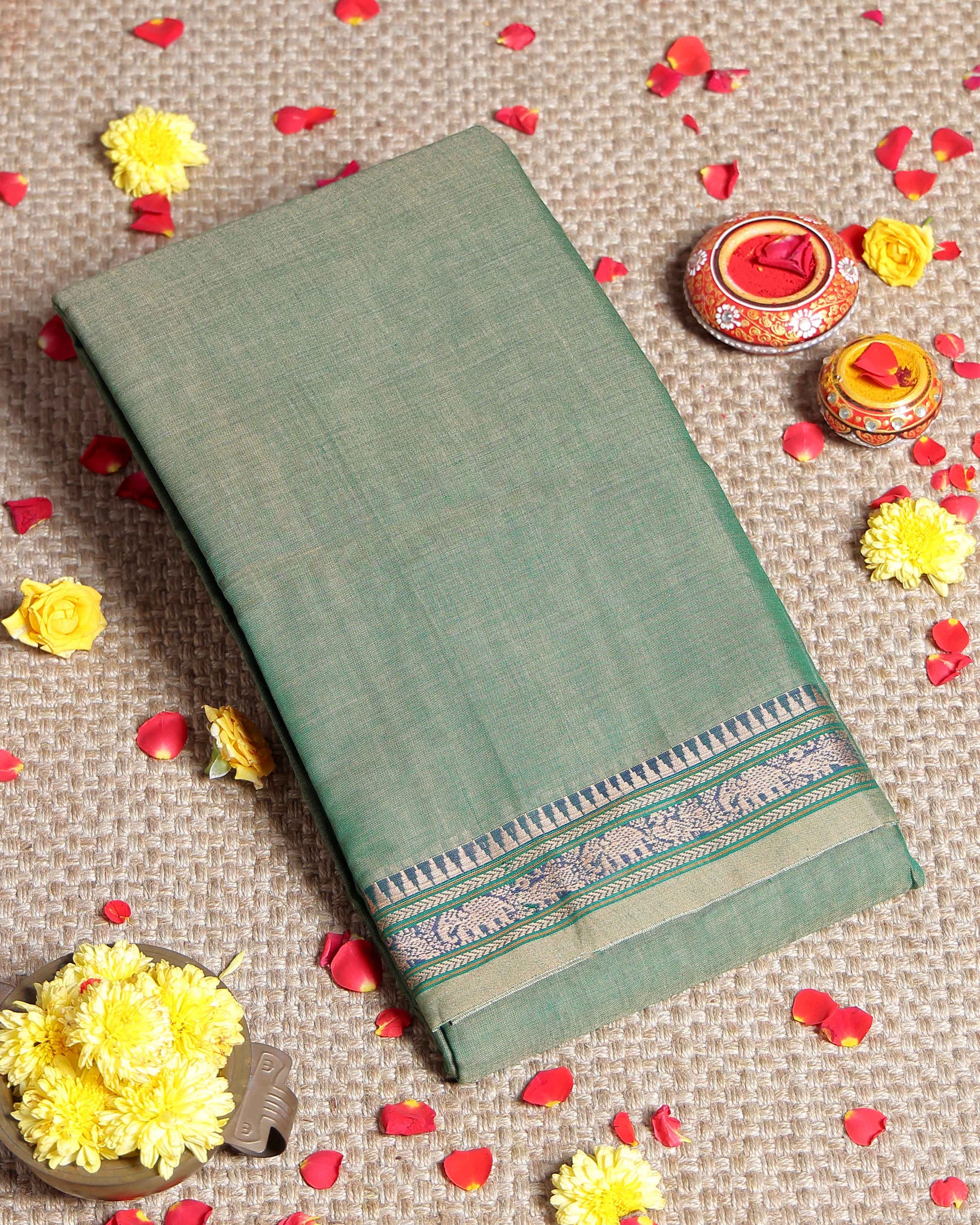 Traditional Narayanpet Handloom Cotton Saree with Traditional Temple Border Elephant Motif Zari Design & Soft Textured Weave - Green