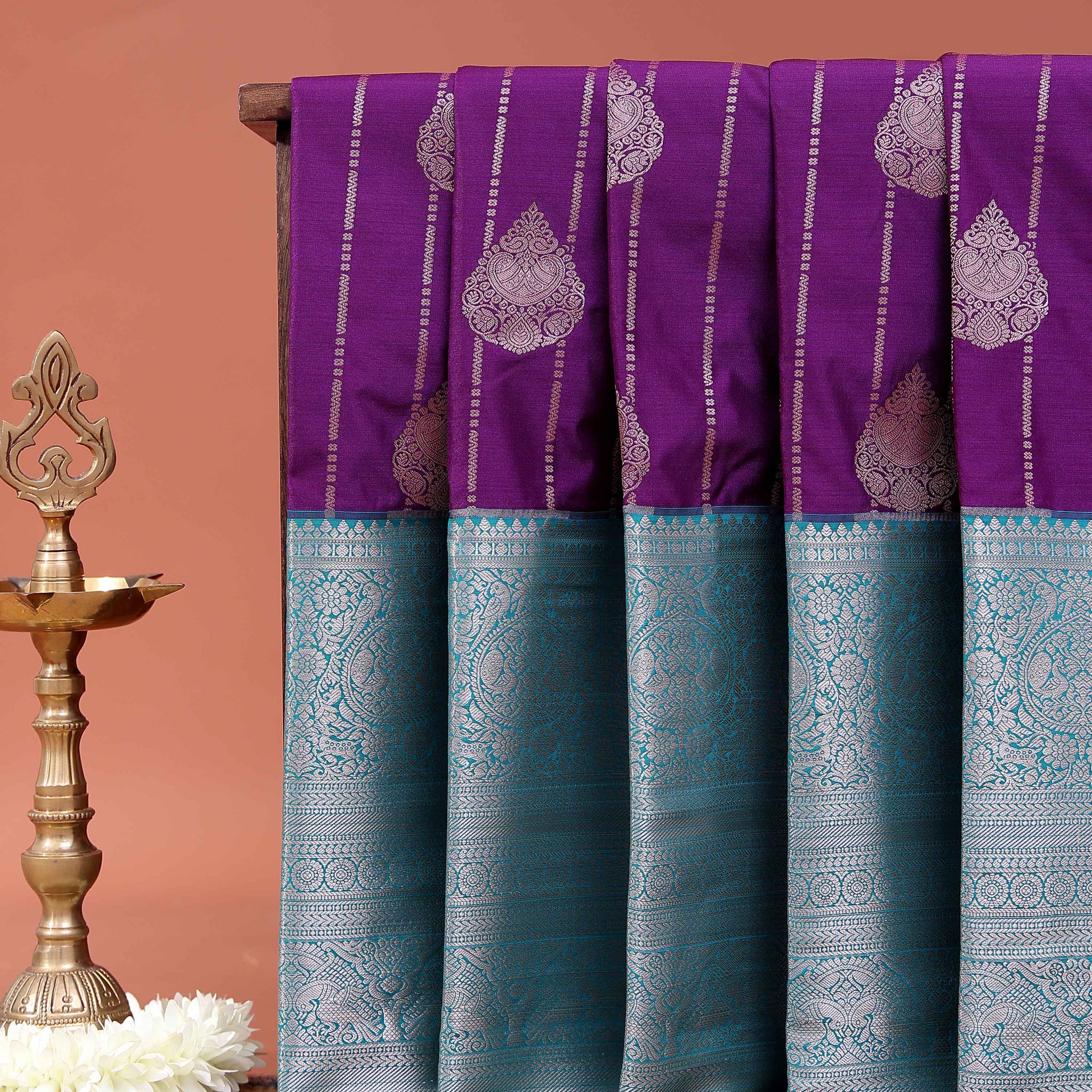 Traditional Niranjana Silk Saree Vertical Zari Motif Lines and Grand Brocade Border - Purple