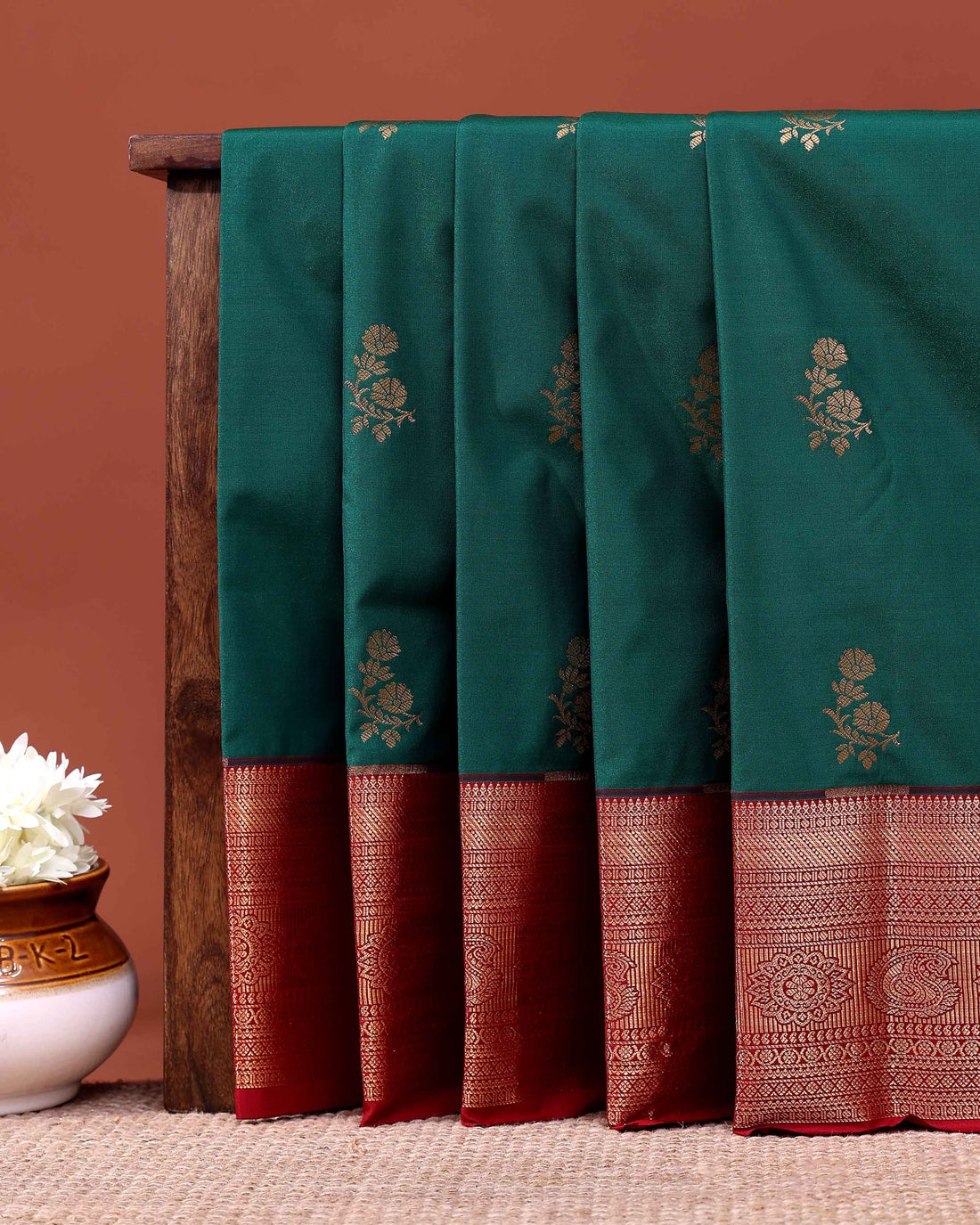 Traditional Niranjana Silk Saree with Woven Buttas and Temple Border - Green