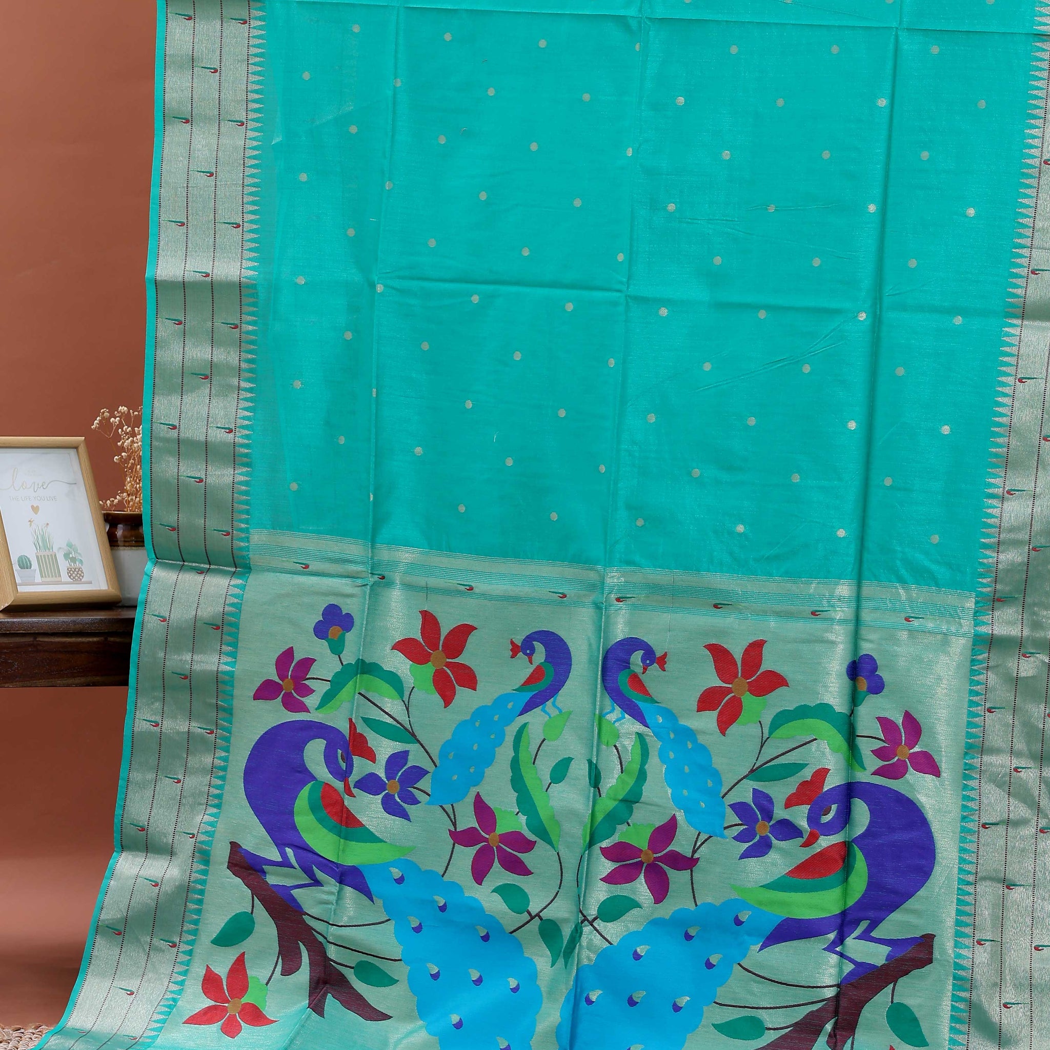 Traditional Paithani Saree with Traditional Peacock and Floral Motifs -Green