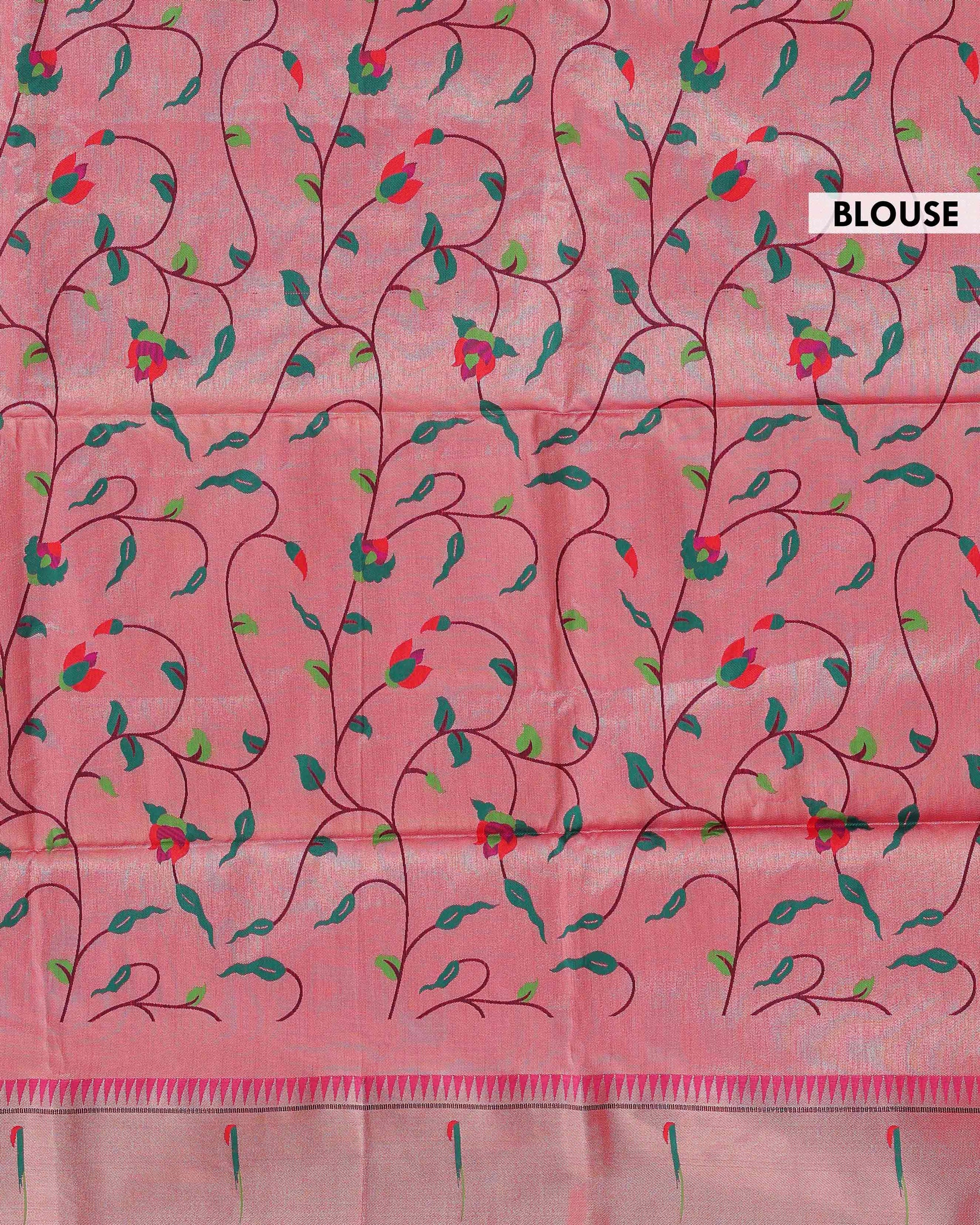 Traditional Paithani Saree with Traditional Peacock and Floral Motifs -Pink-blouse