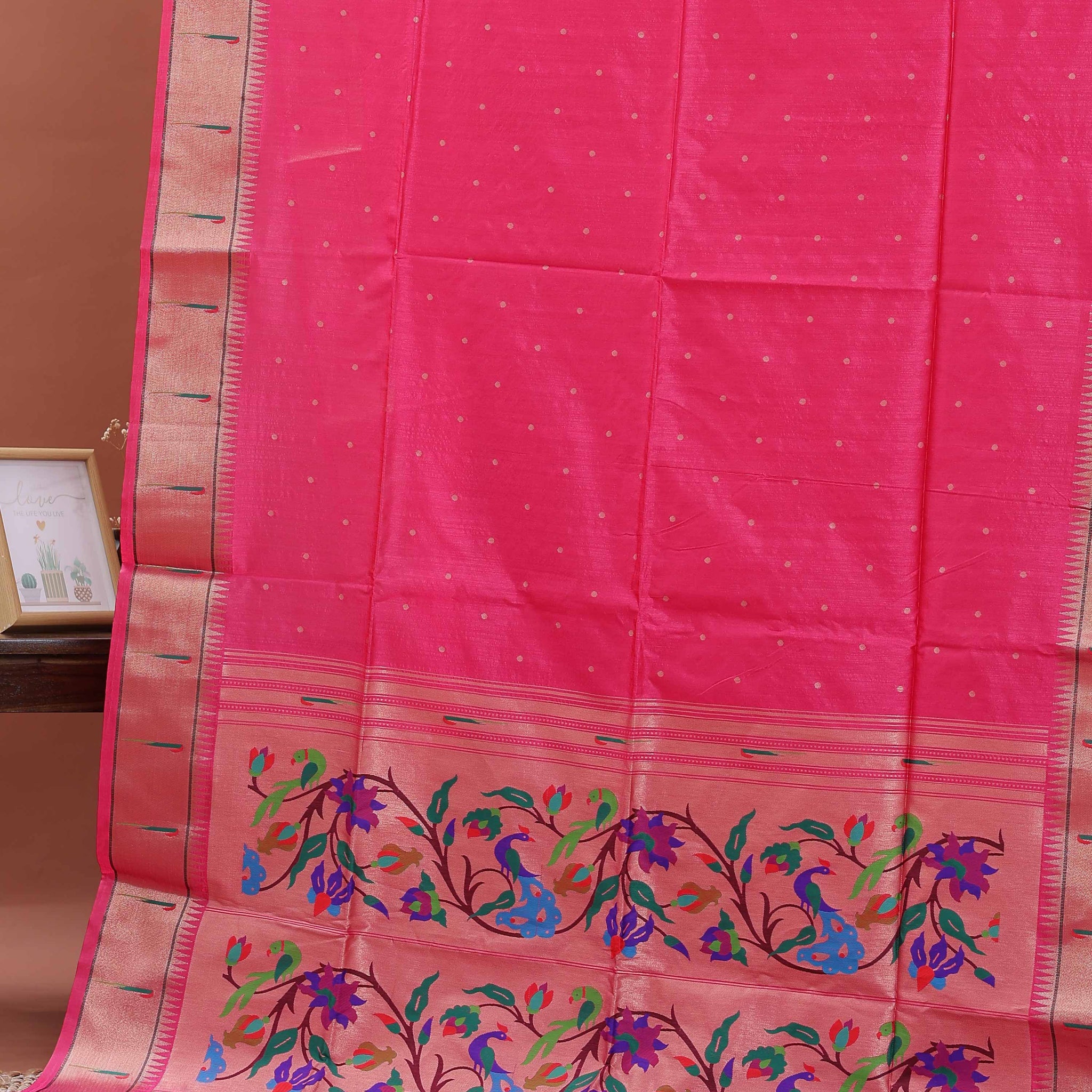 Traditional Paithani Saree with Traditional Peacock and Floral Motifs -Pink