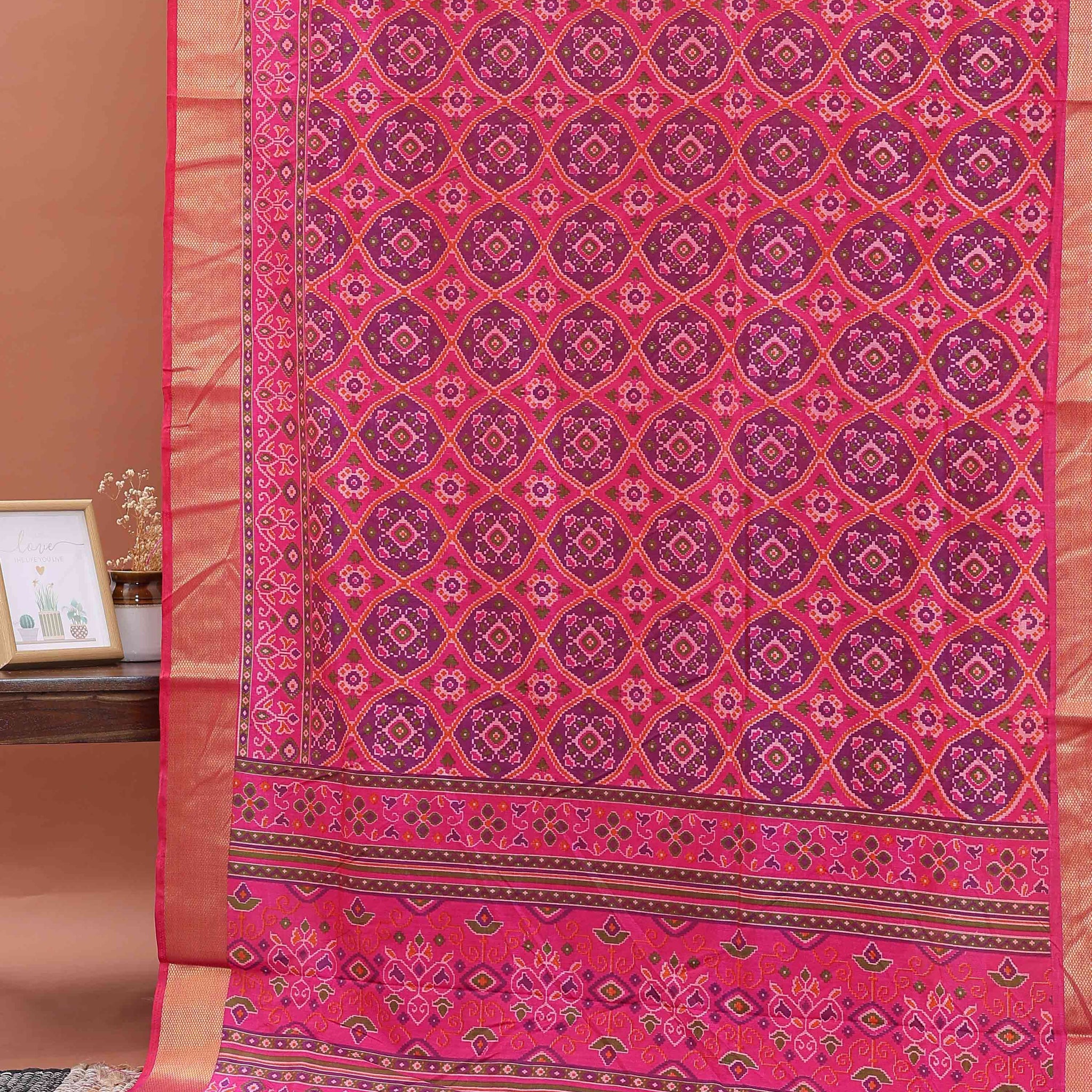 Traditional Patola Semi-Silk Saree with Geometric Ikkat Weave - Purple