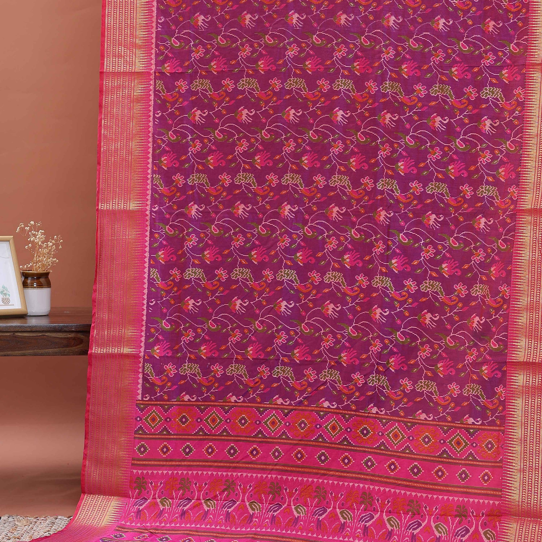 Traditional Patola Semi-Silk Saree with Intricate Bird and Floral Motifs - Purple