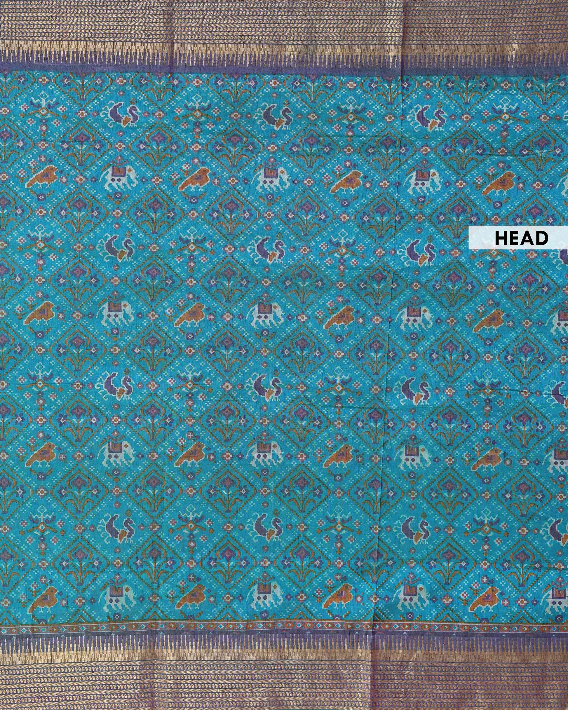 Traditional Patola Semi-Silk Saree with Intricate Geometric Motifs - Teal-Head