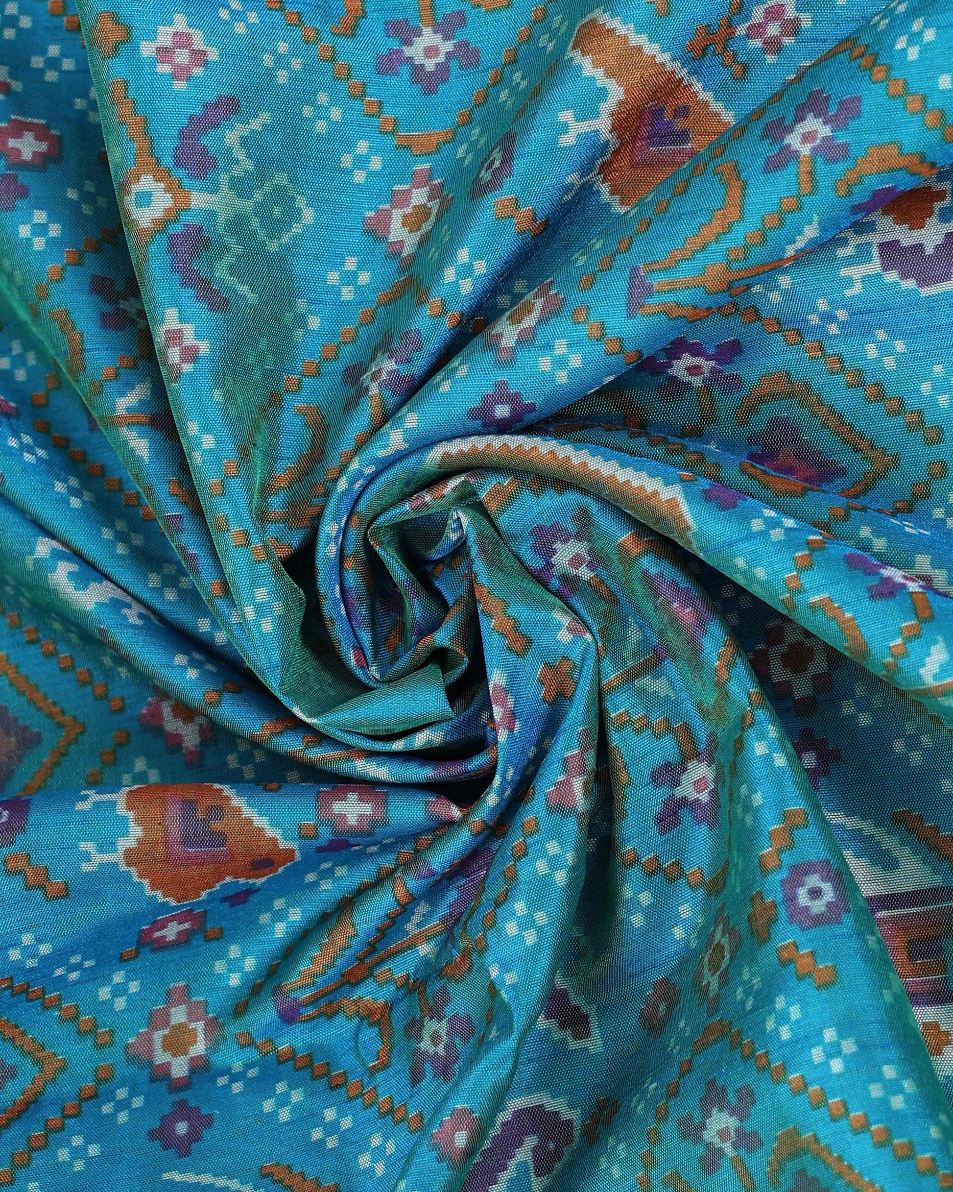 Traditional Patola Semi-Silk Saree with Intricate Geometric Motifs - Teal-Head