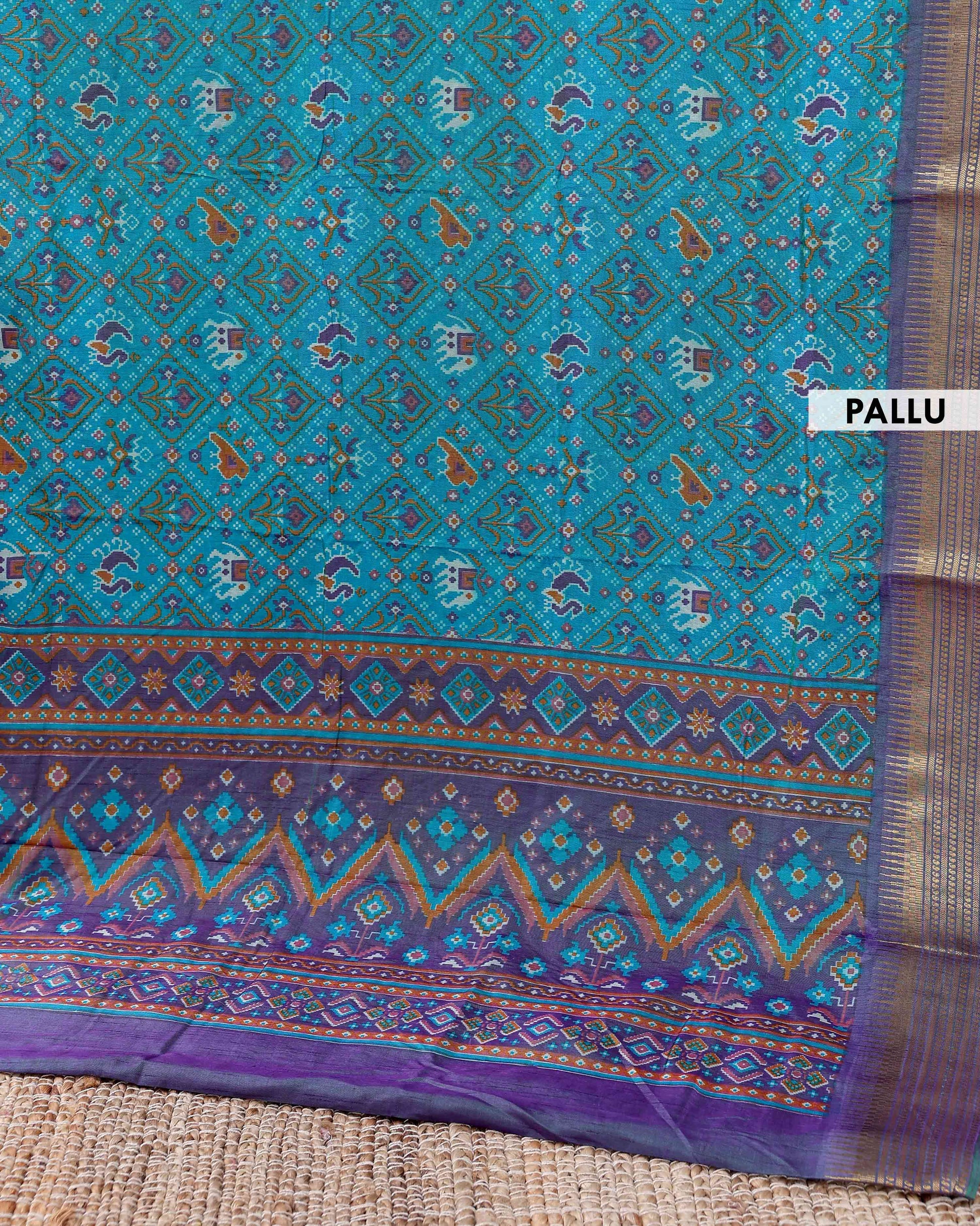 Traditional Patola Semi-Silk Saree with Intricate Geometric Motifs - Teal-pallu