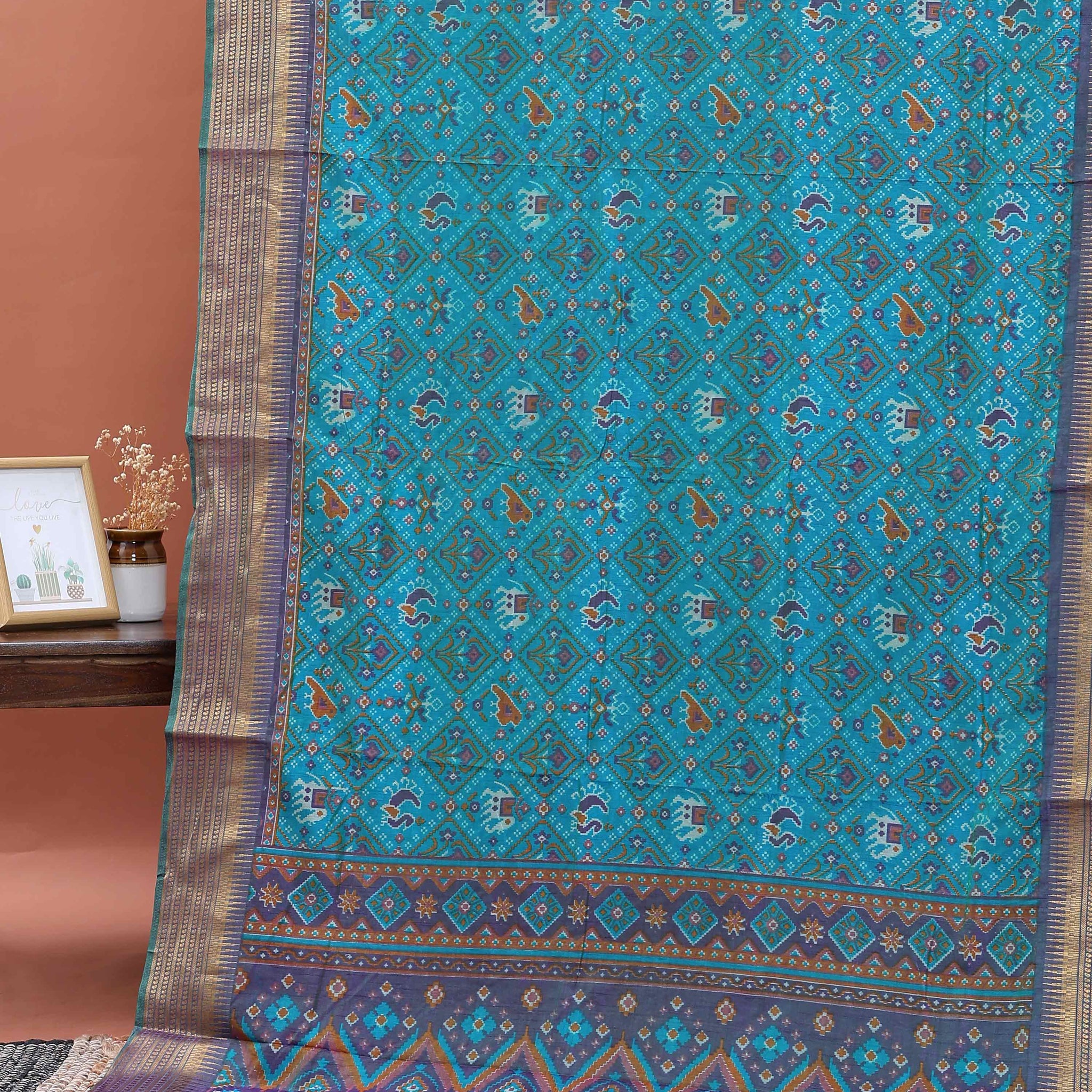 Traditional Patola Semi-Silk Saree with Intricate Geometric Motifs - Teal