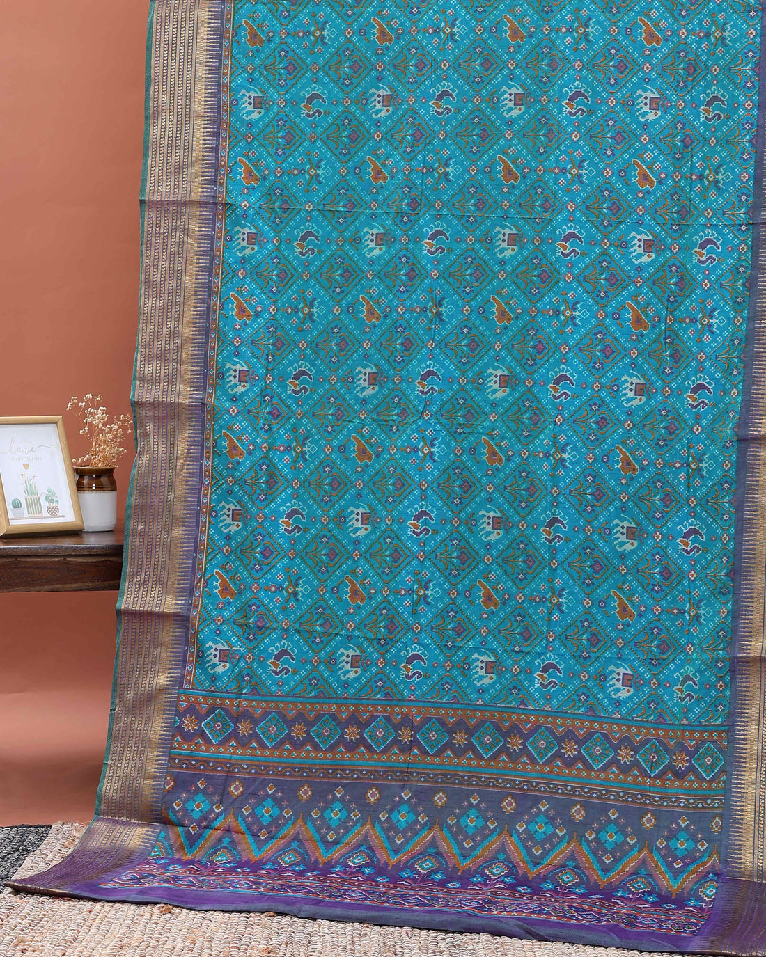 Traditional Patola Semi-Silk Saree with Intricate Geometric Motifs - Teal