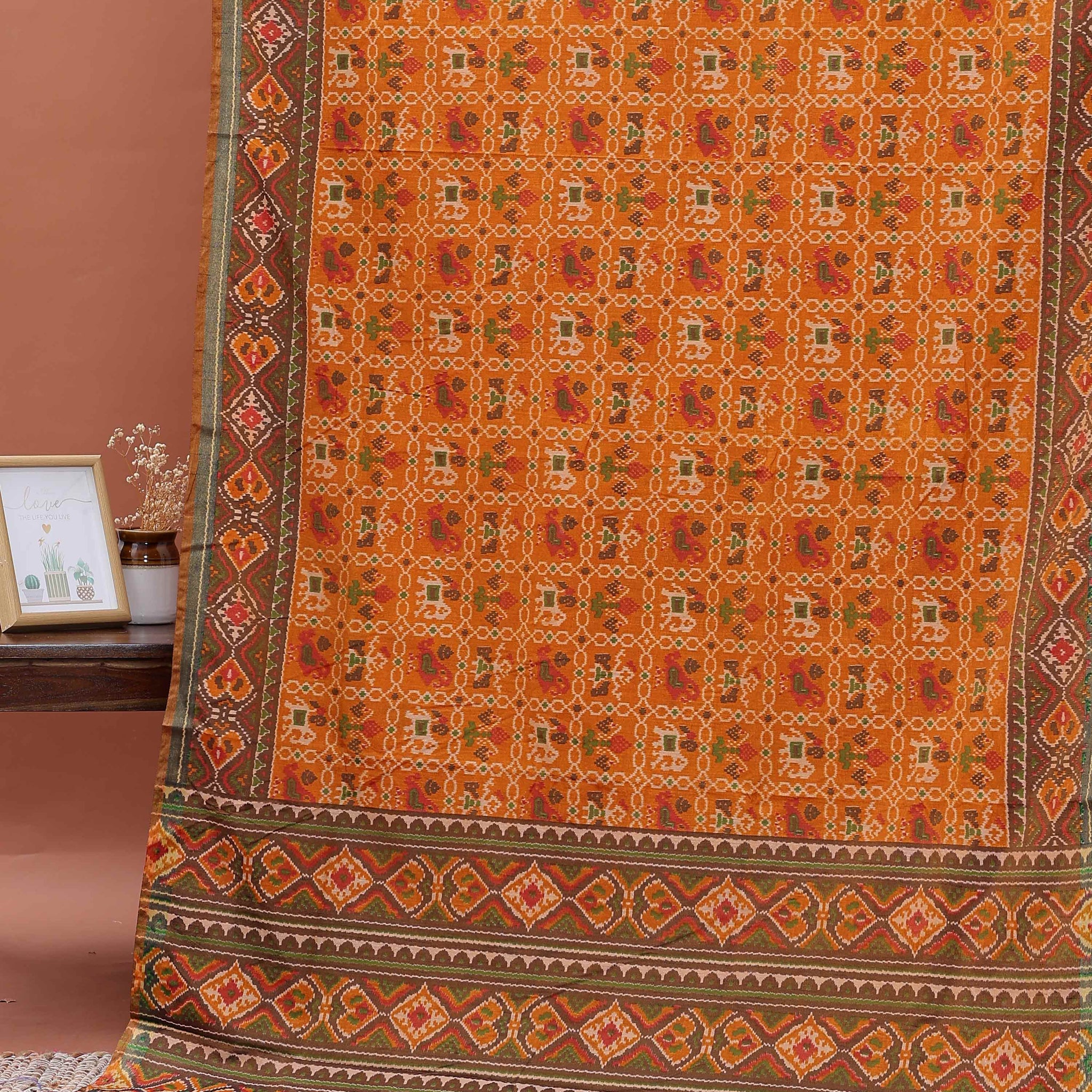 Traditional Patola Semi Silk Saree with Geometric and Floral Motifs - Yellow