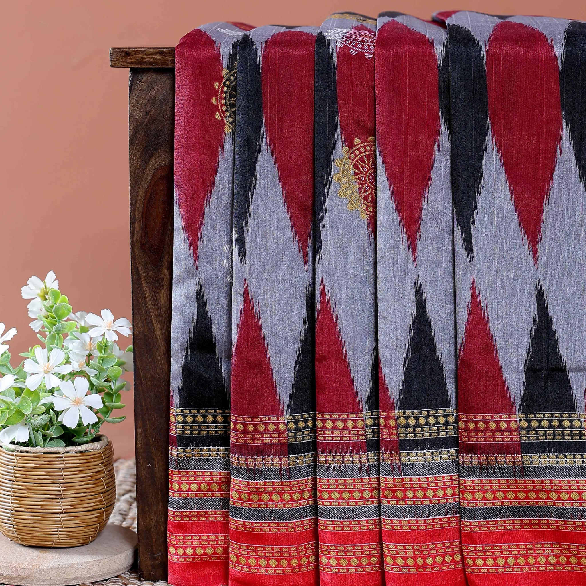 Traditional Pochampally Handloom Cotton Saree with Ikkat Zig-Zag Weave and Temple Border - Multi