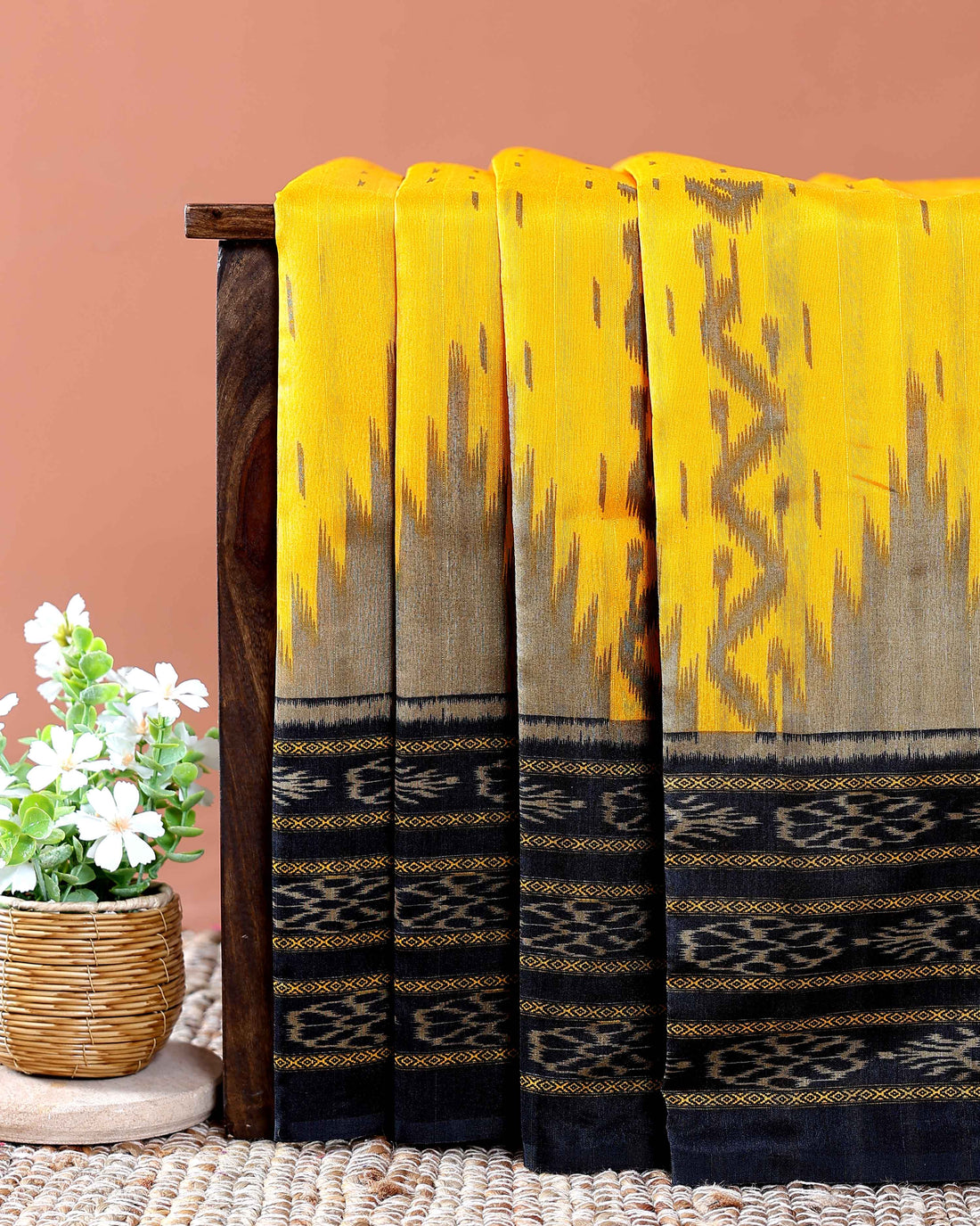 Traditional Pochampally Handloom Saree with Temple Border - Yellow