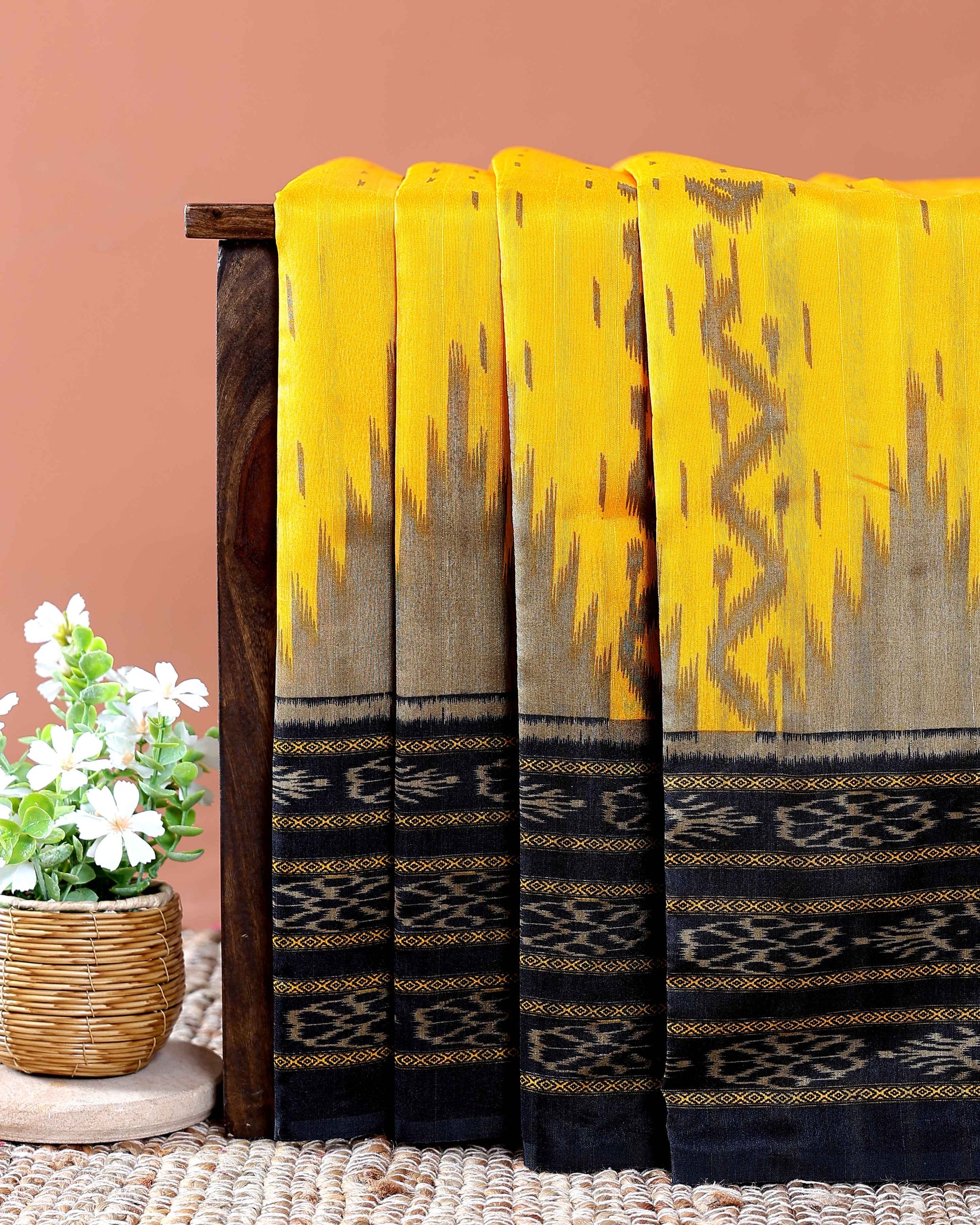Traditional Pochampally Handloom Saree with Temple Border - Yellow