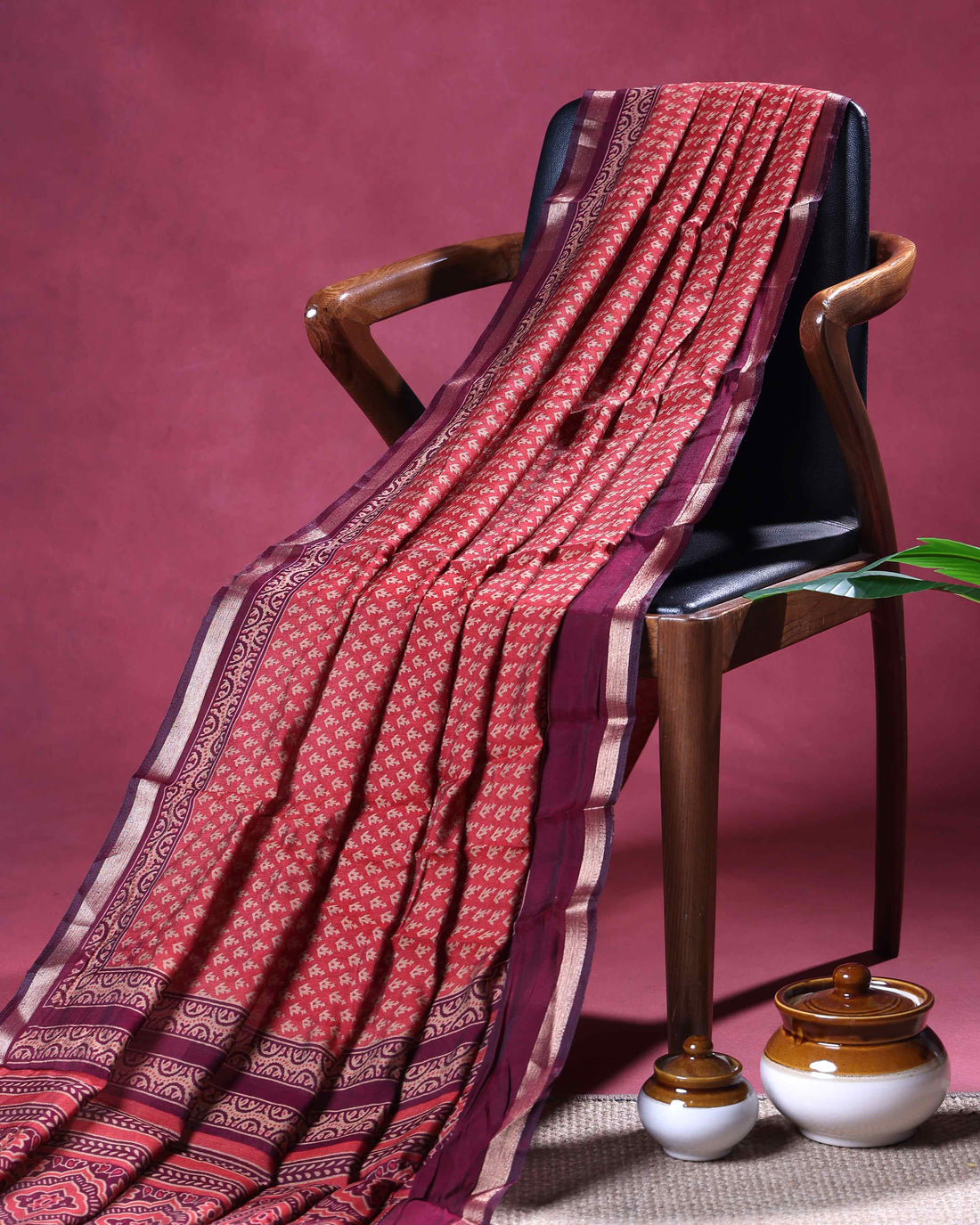 Traditional Semi Chanderi Saree with All-Over Buta Weaving and Traditional Woven Border - Red