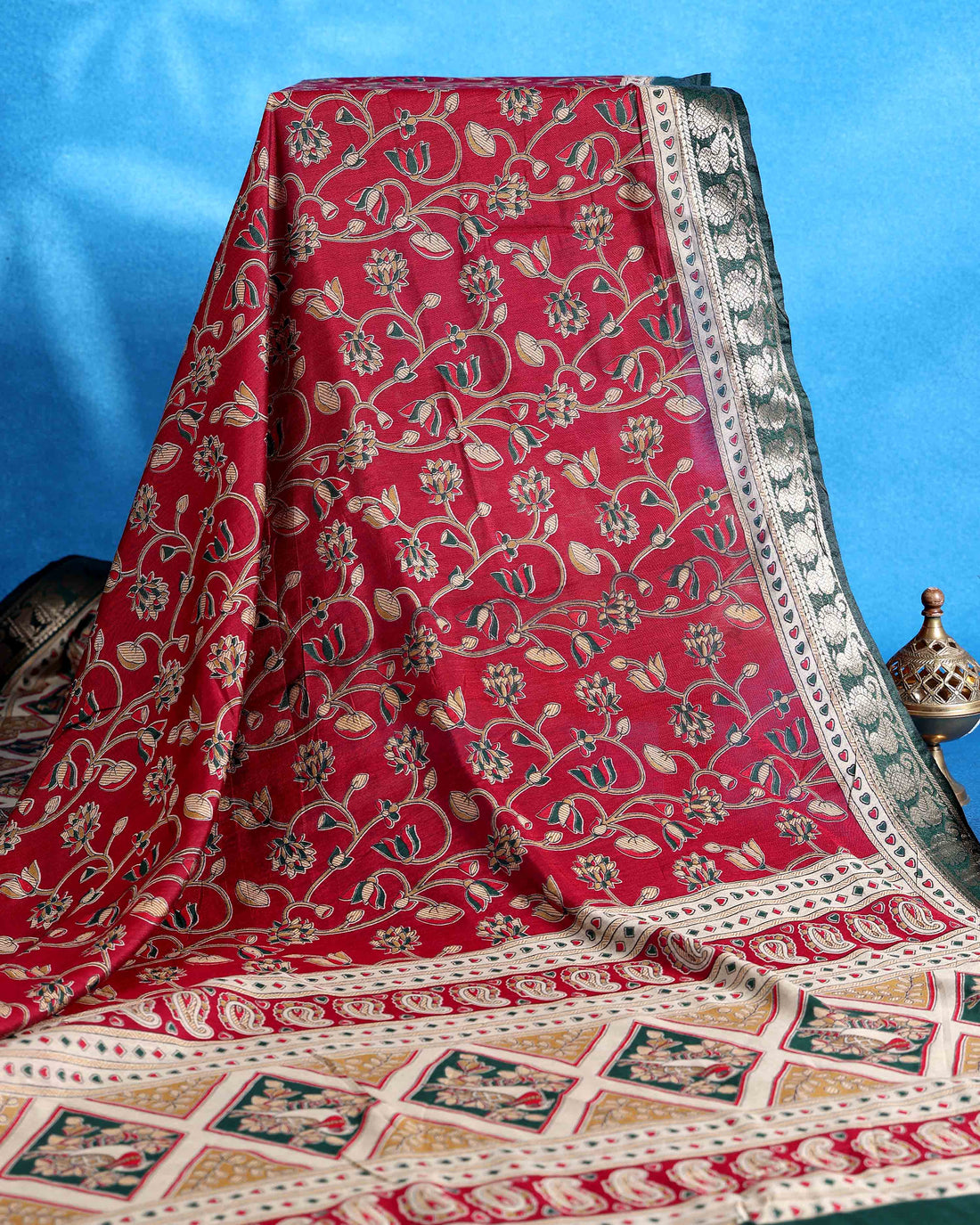 Traditional Semi Chanderi Saree with Floral Motifs and Traditional Contrast Woven Border - Red