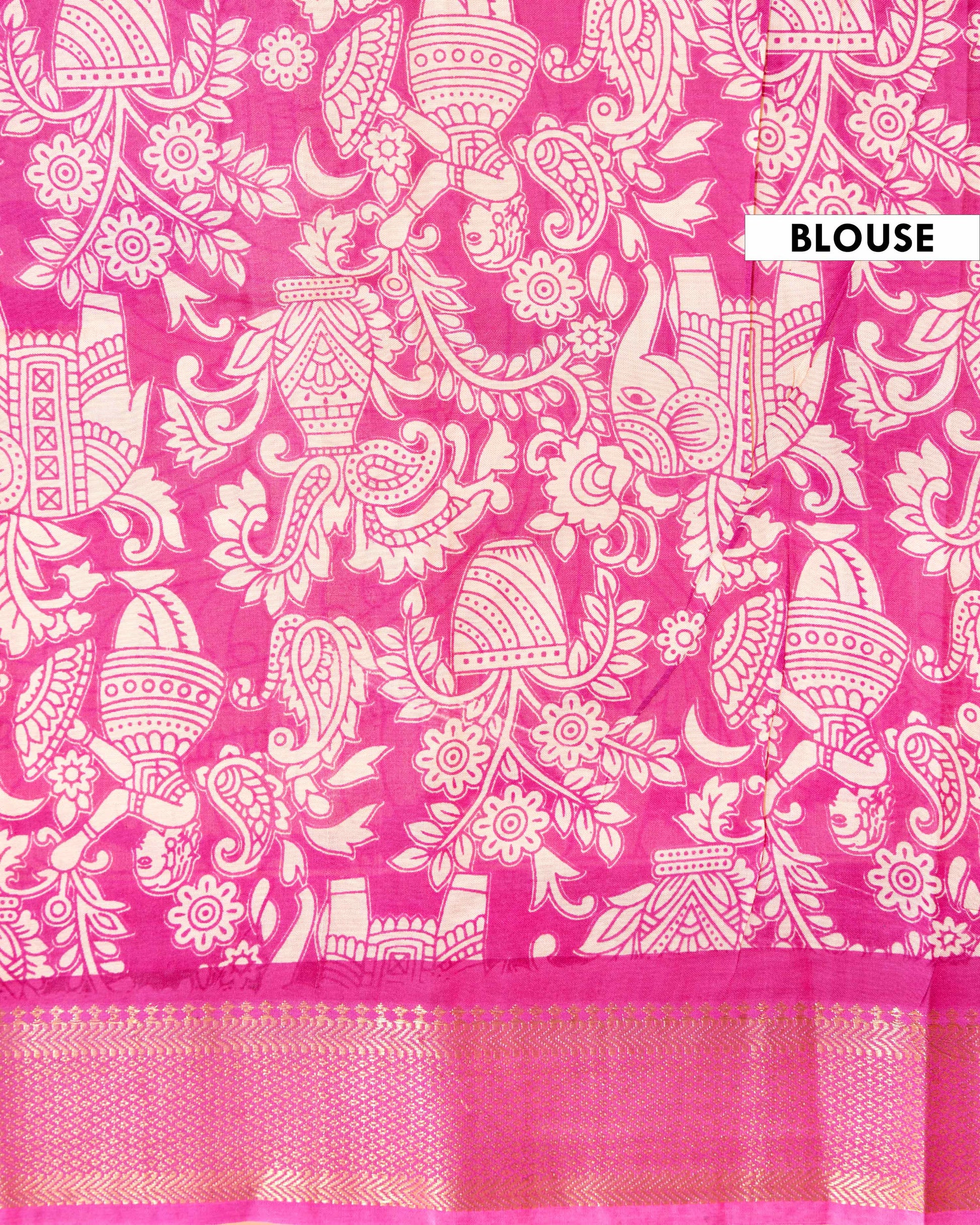 Traditional Semi Chanderi Saree with Intricate Cow and Lotus Pattern and Contrast Geometric Border- Yellow