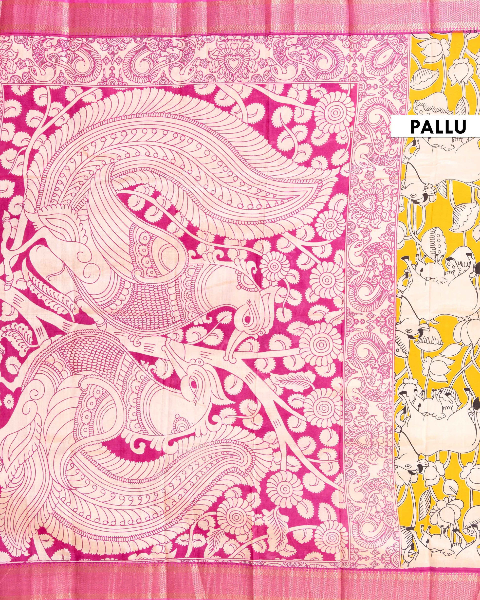 Traditional Semi Chanderi Saree with Intricate Cow and Lotus Pattern and Contrast Geometric Border- Yellow