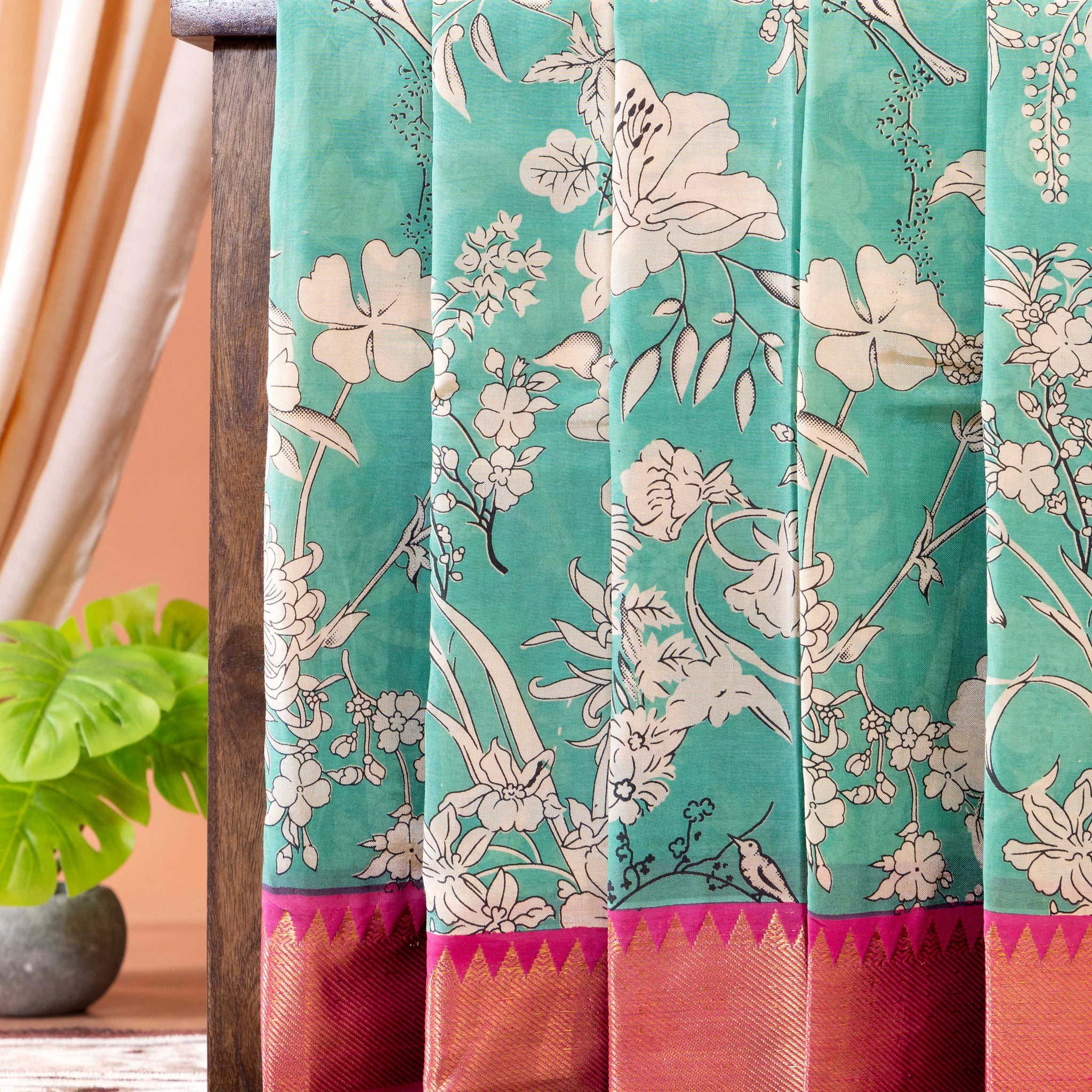 Traditional Semi Chanderi Saree with Intricate Floral and Avian Motifs - Green