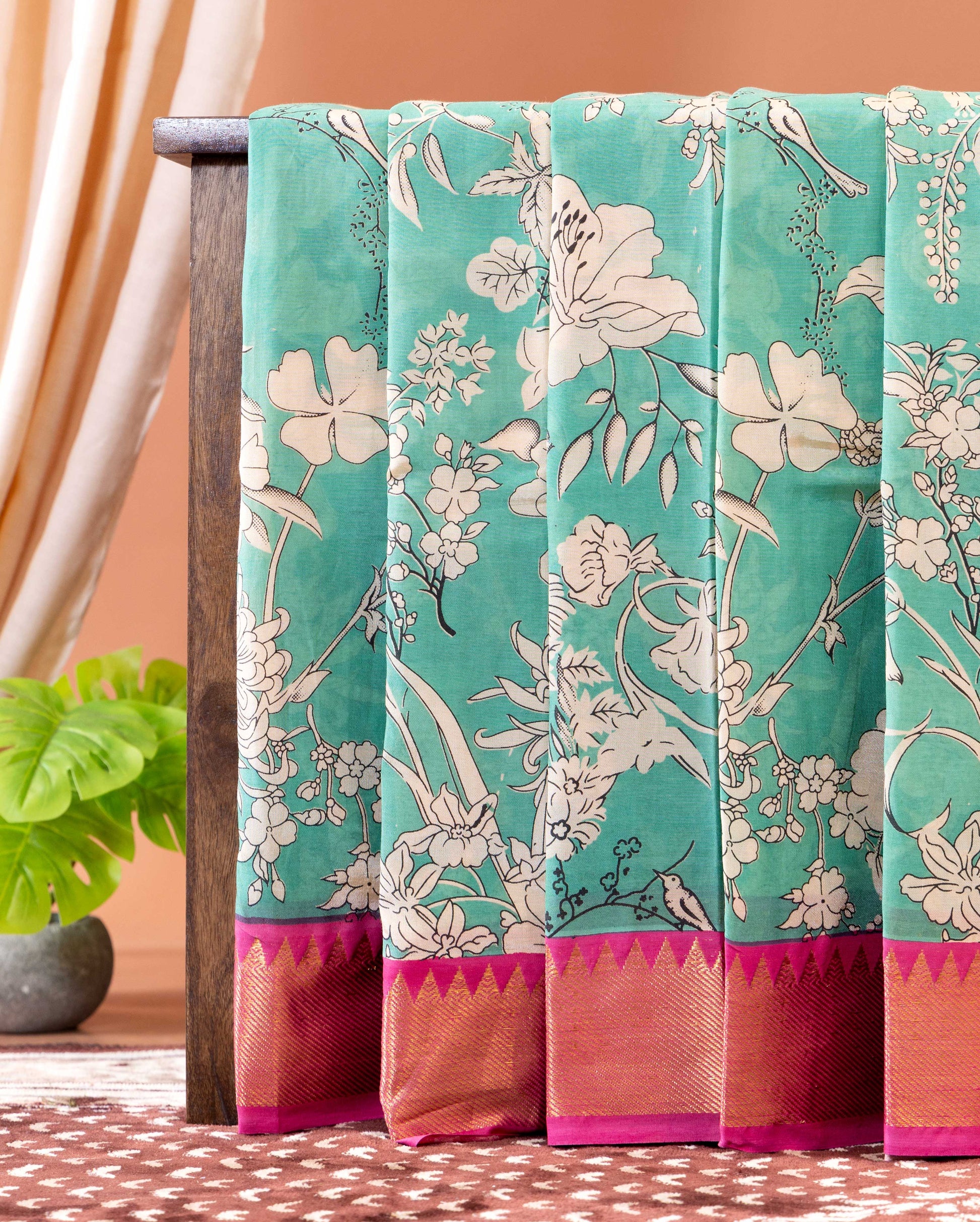 Traditional Semi Chanderi Saree with Intricate Floral and Avian Motifs - Green
