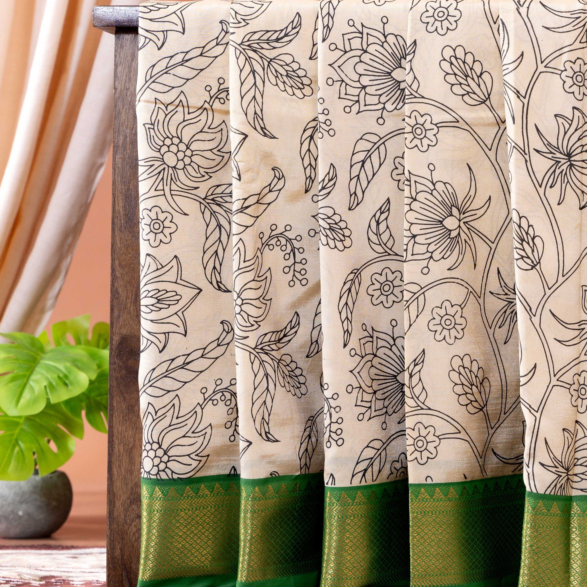 Traditional Semi Chanderi Saree with Kalamkari-Inspired Floral Design and Zari Border - Sandal