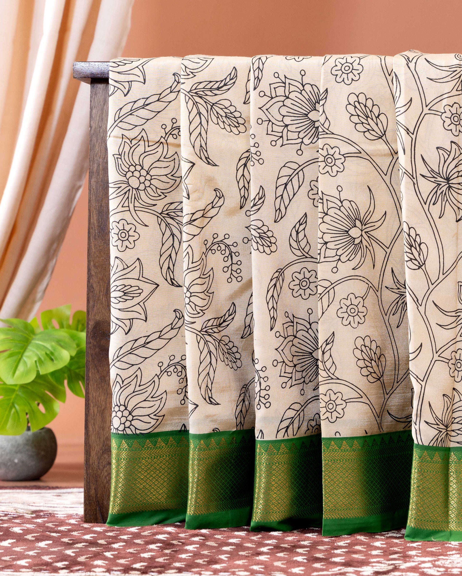 Traditional Semi Chanderi Saree with Kalamkari-Inspired Floral Design and Zari Border - Sandal