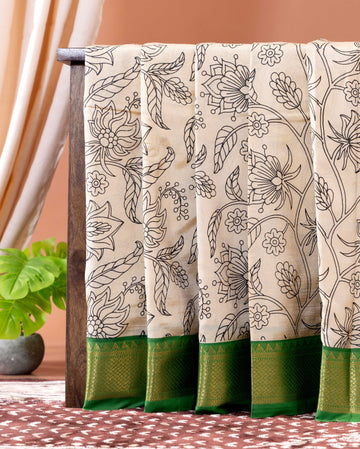 Traditional Semi Chanderi Saree with Kalamkari-Inspired Floral Design and Zari Border - Sandal