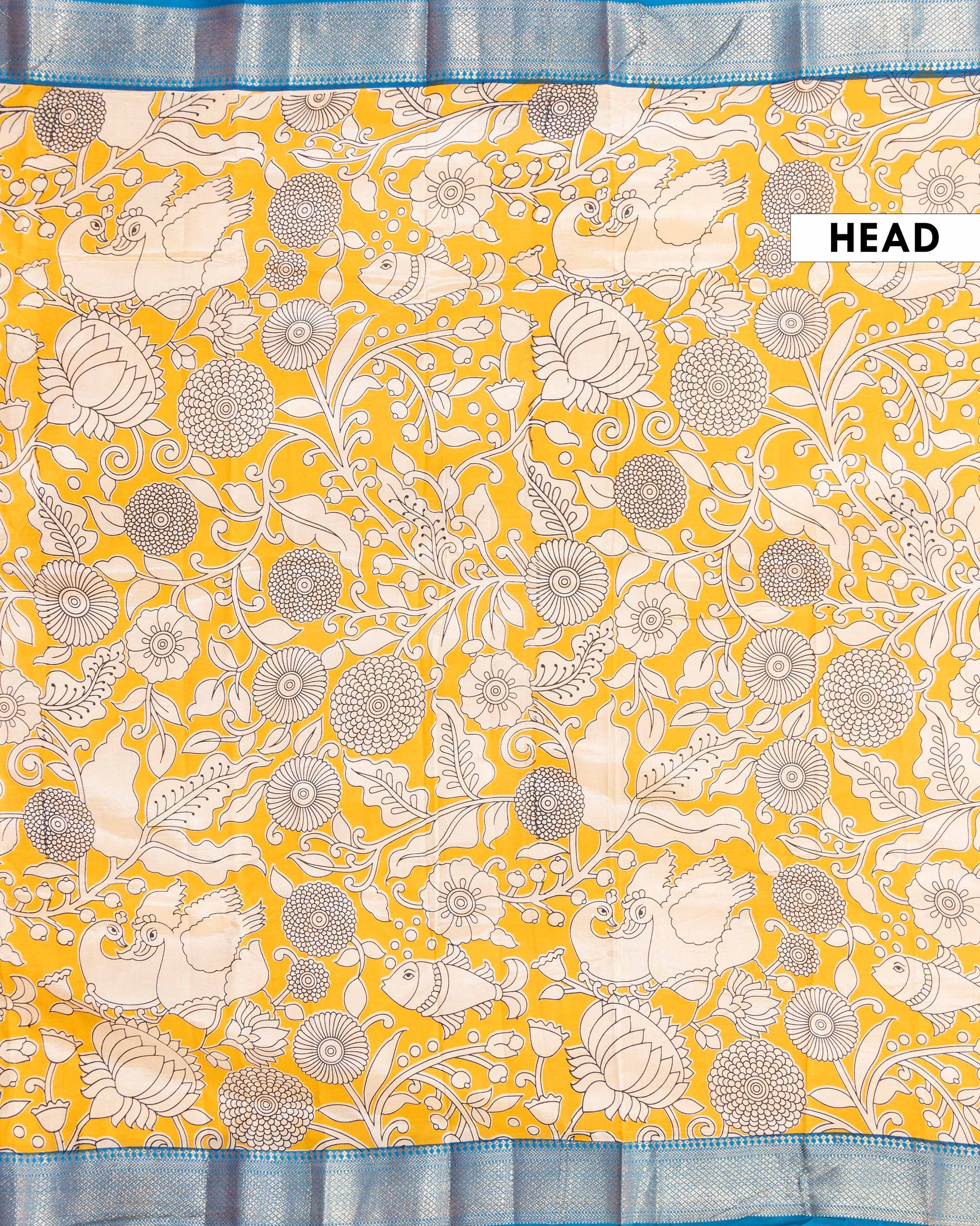 Traditional Semi Chanderi Saree with Kalamkari Floral and Peacock Print - Yellow