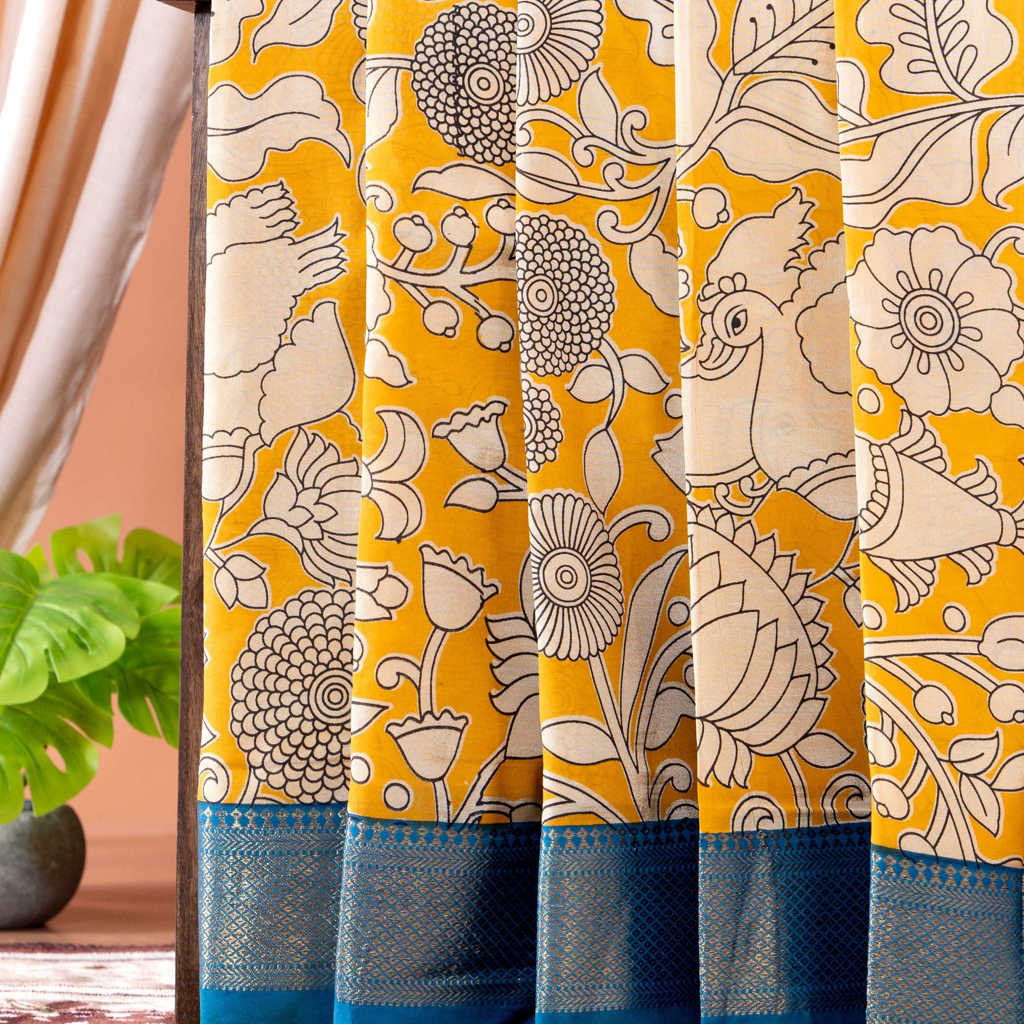 Traditional Semi Chanderi Saree with Kalamkari Floral and Peacock Print - Yellow