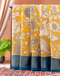 Traditional Semi Chanderi Saree with Kalamkari Floral and Peacock Print - Yellow