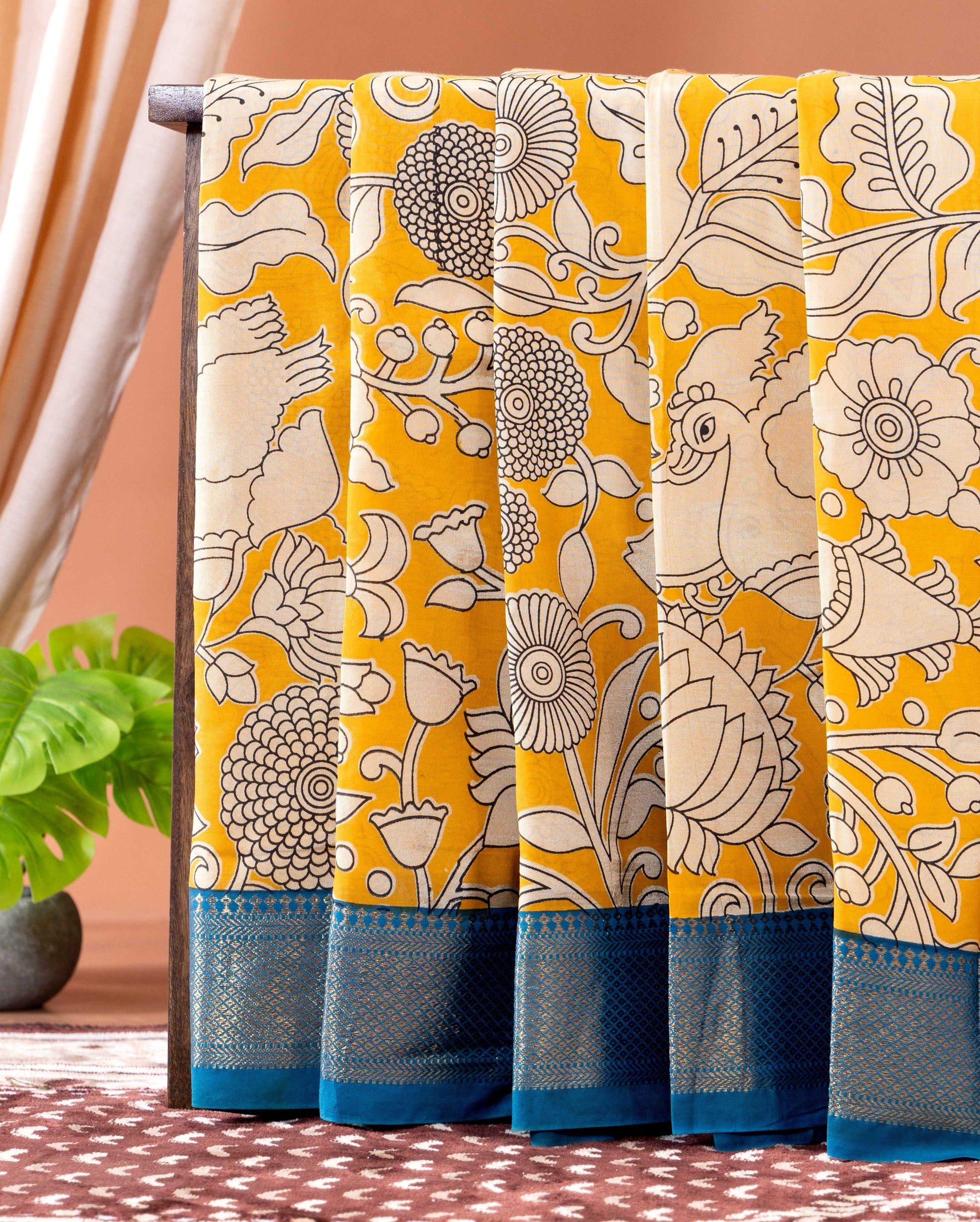 Traditional Semi Chanderi Saree with Kalamkari Floral and Peacock Print - Yellow