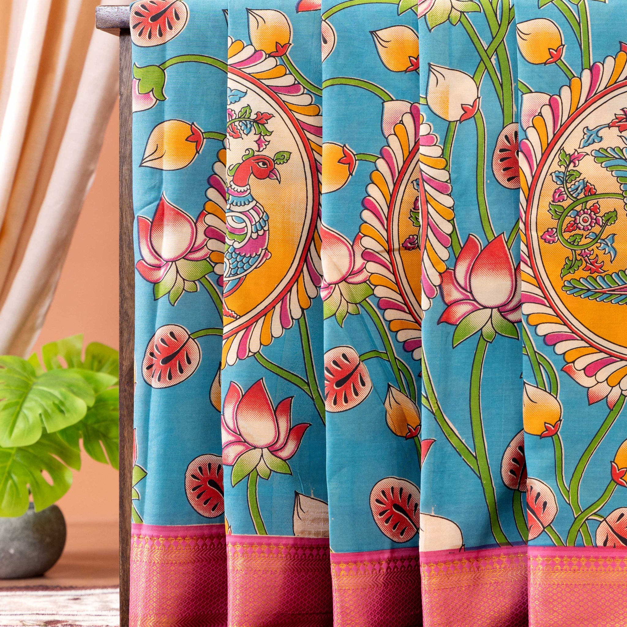 Traditional Semi Chanderi Saree with Kalamkari inspired Floral and Peacock Design - Blue