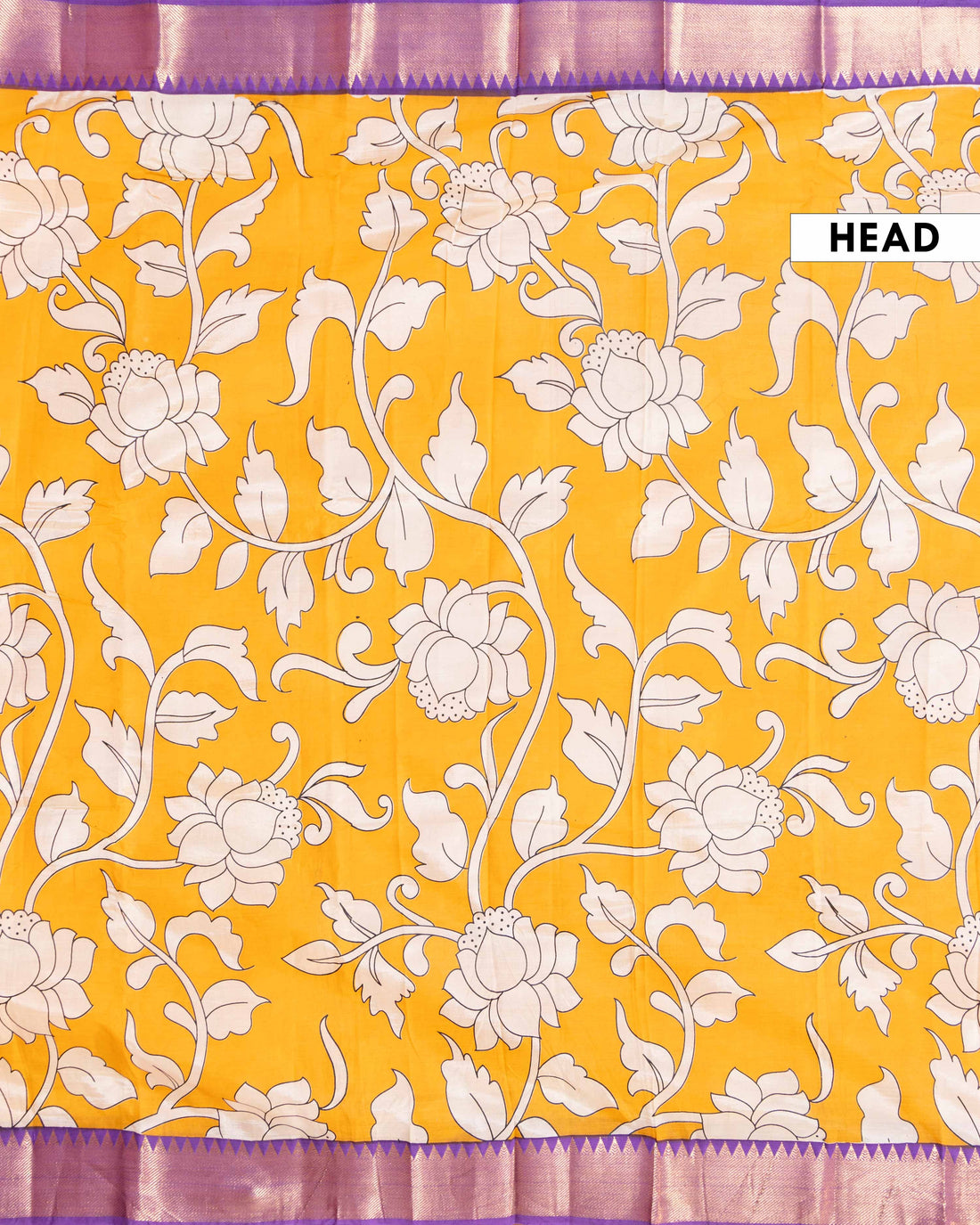 Traditional Semi Chanderi Saree with Kalamkari inspired floral print and a contrasting border - Yellow