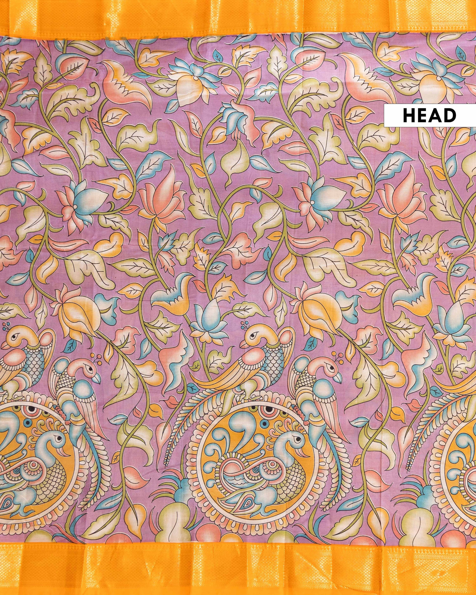 Traditional Semi Chanderi Saree with Kalamkari style Peacock and Floral Motifs - Purple