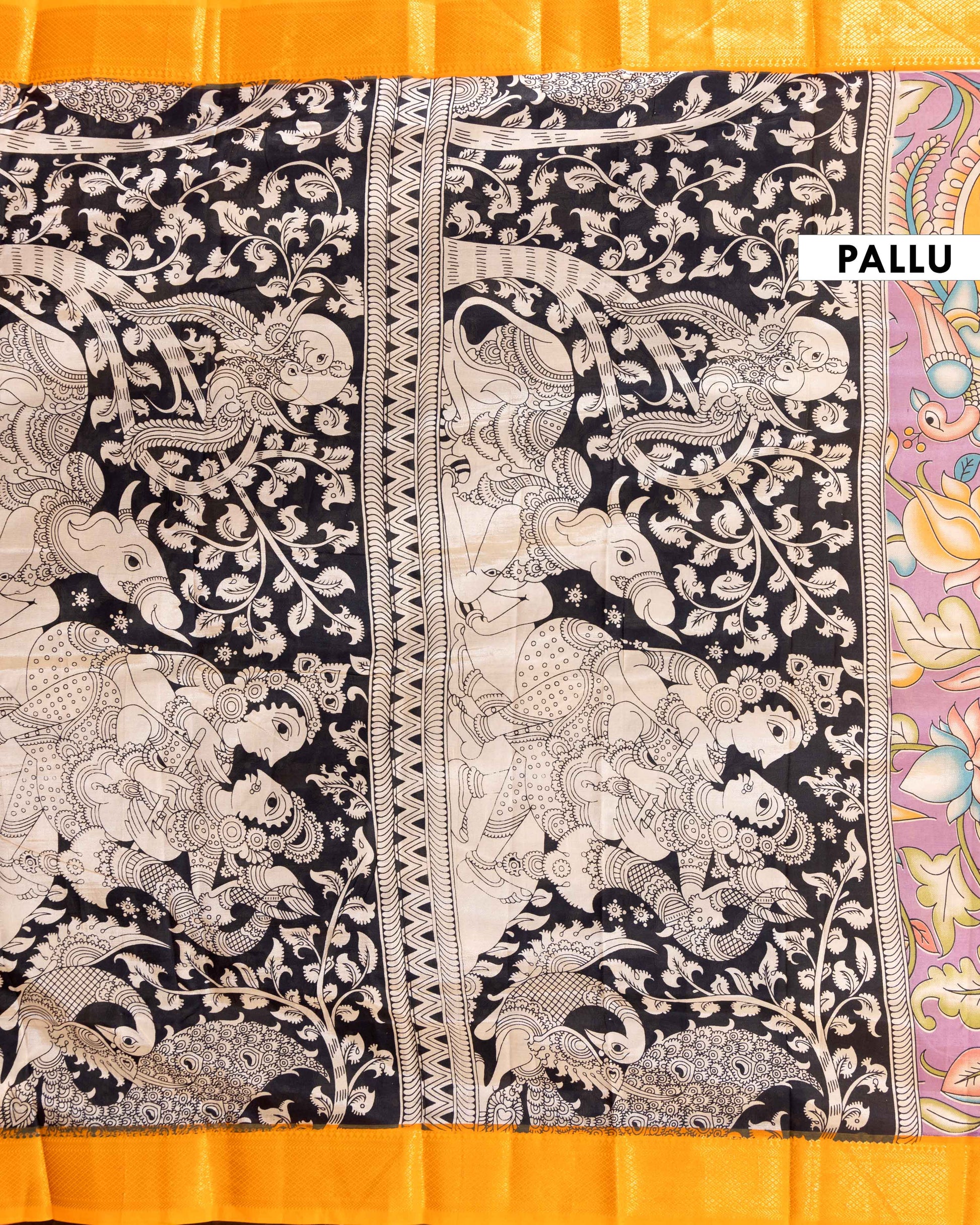 Traditional Semi Chanderi Saree with Kalamkari style Peacock and Floral Motifs - Purple