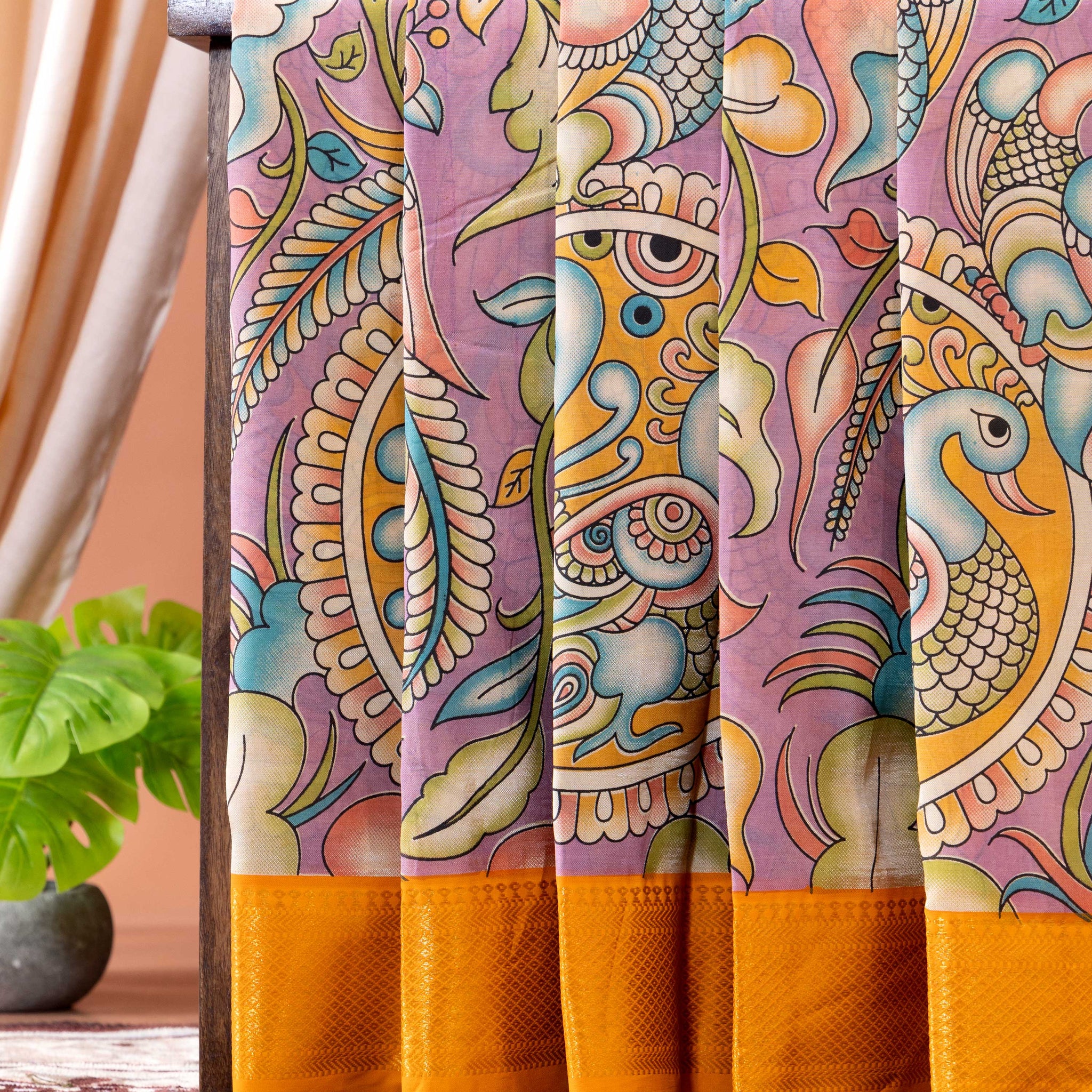 Traditional Semi Chanderi Saree with Kalamkari style Peacock and Floral Motifs - Purple