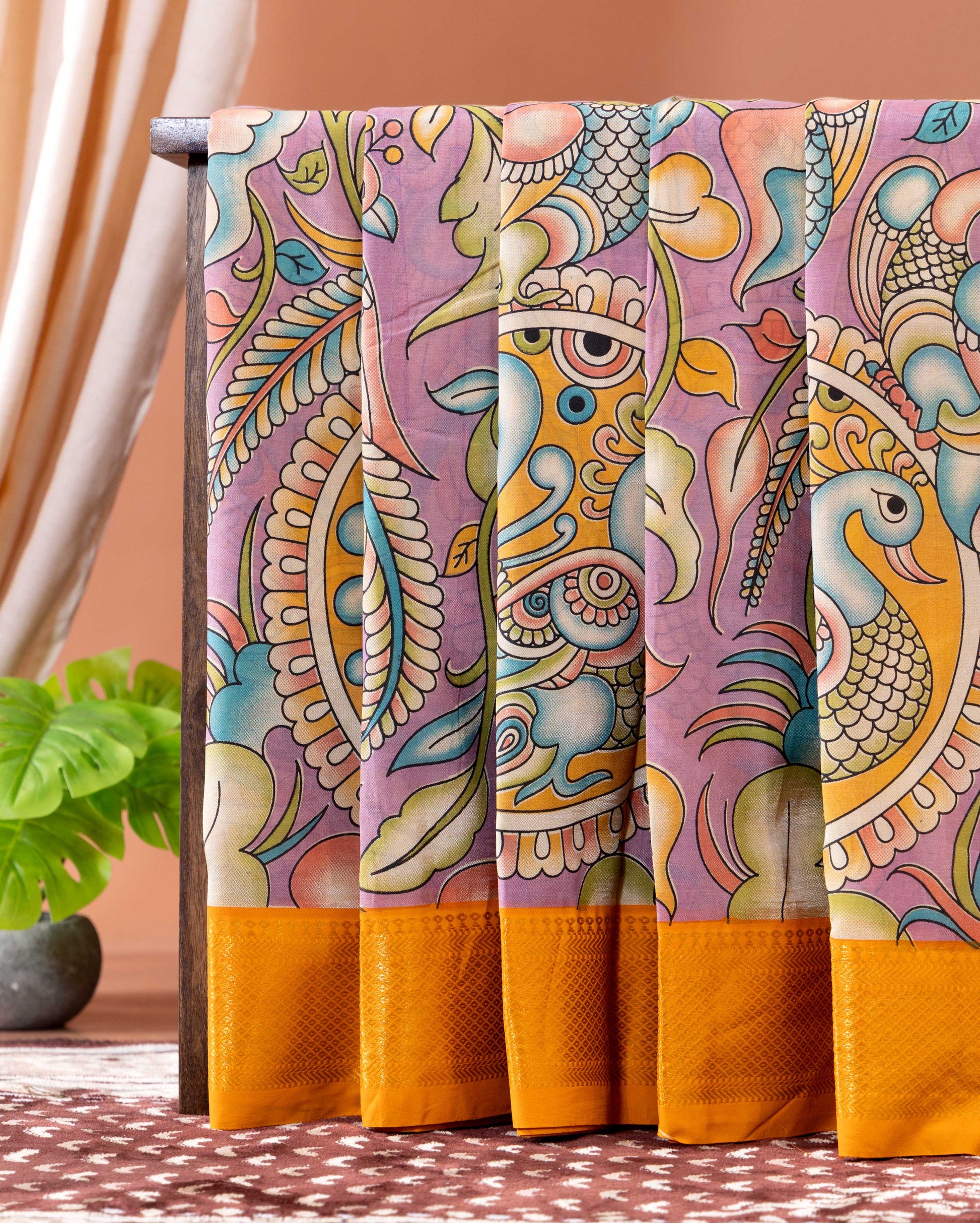Traditional Semi Chanderi Saree with Kalamkari style Peacock and Floral Motifs - Purple
