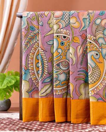 Traditional Semi Chanderi Saree with Kalamkari style Peacock and Floral Motifs - Purple