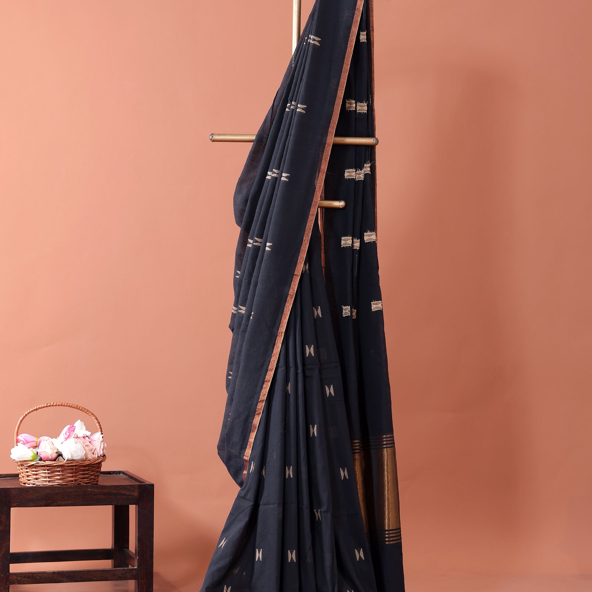 Traditional Semi Silk Cotton Saree Golden Zari Border and All-Over Thread Motifs - Black