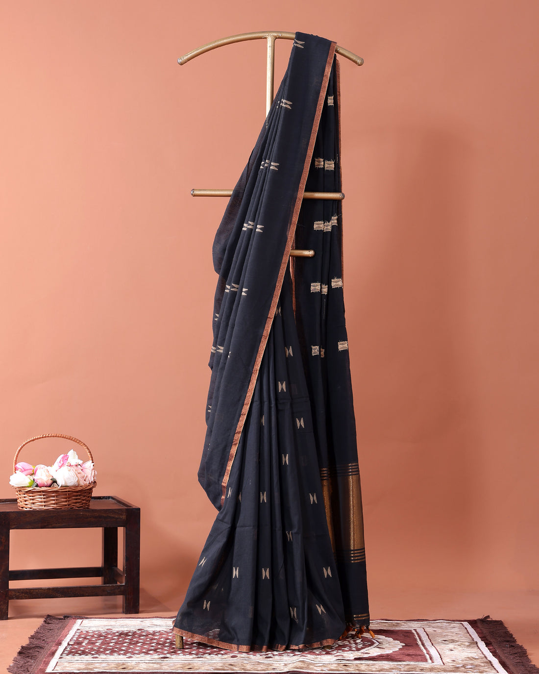 Traditional Semi Silk Cotton Saree Golden Zari Border and All-Over Thread Motifs - Black