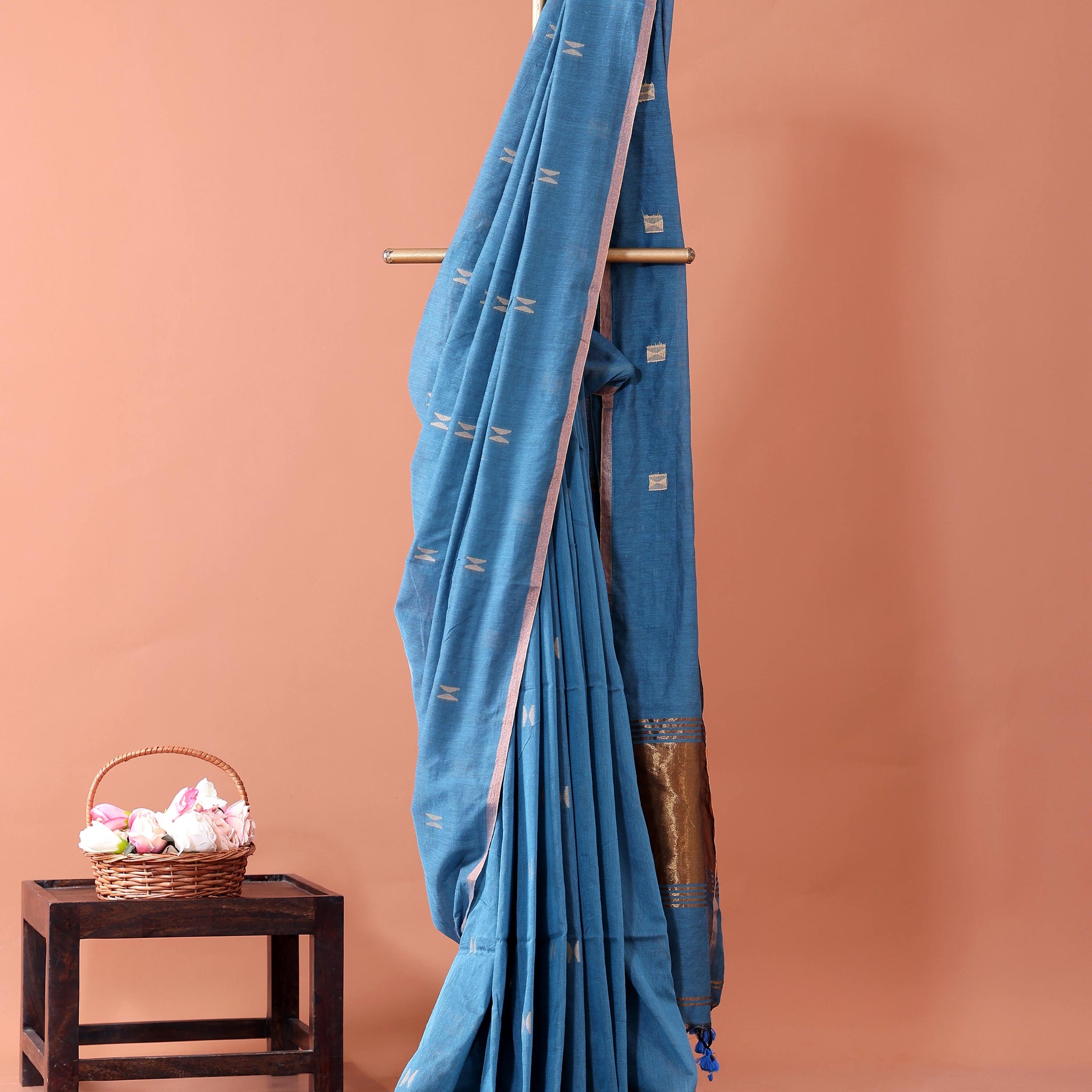 Traditional Semi Silk Cotton Saree Golden Zari Border and All-Over Thread Motifs - Blue