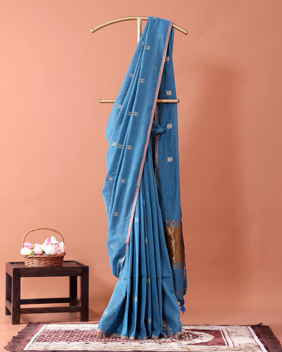 Traditional Semi Silk Cotton Saree Golden Zari Border and All-Over Thread Motifs - Blue