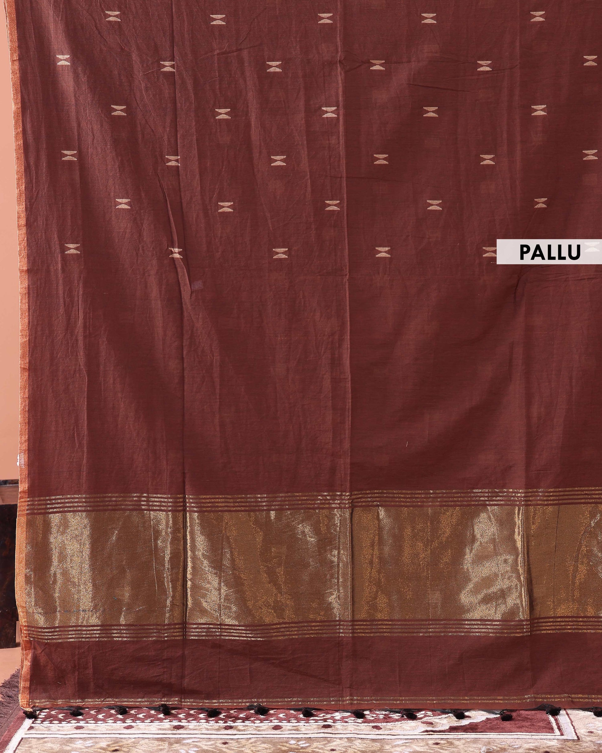 Traditional Semi Silk Cotton Saree Golden Zari Border and All-Over Thread Motifs - Dark Brown
