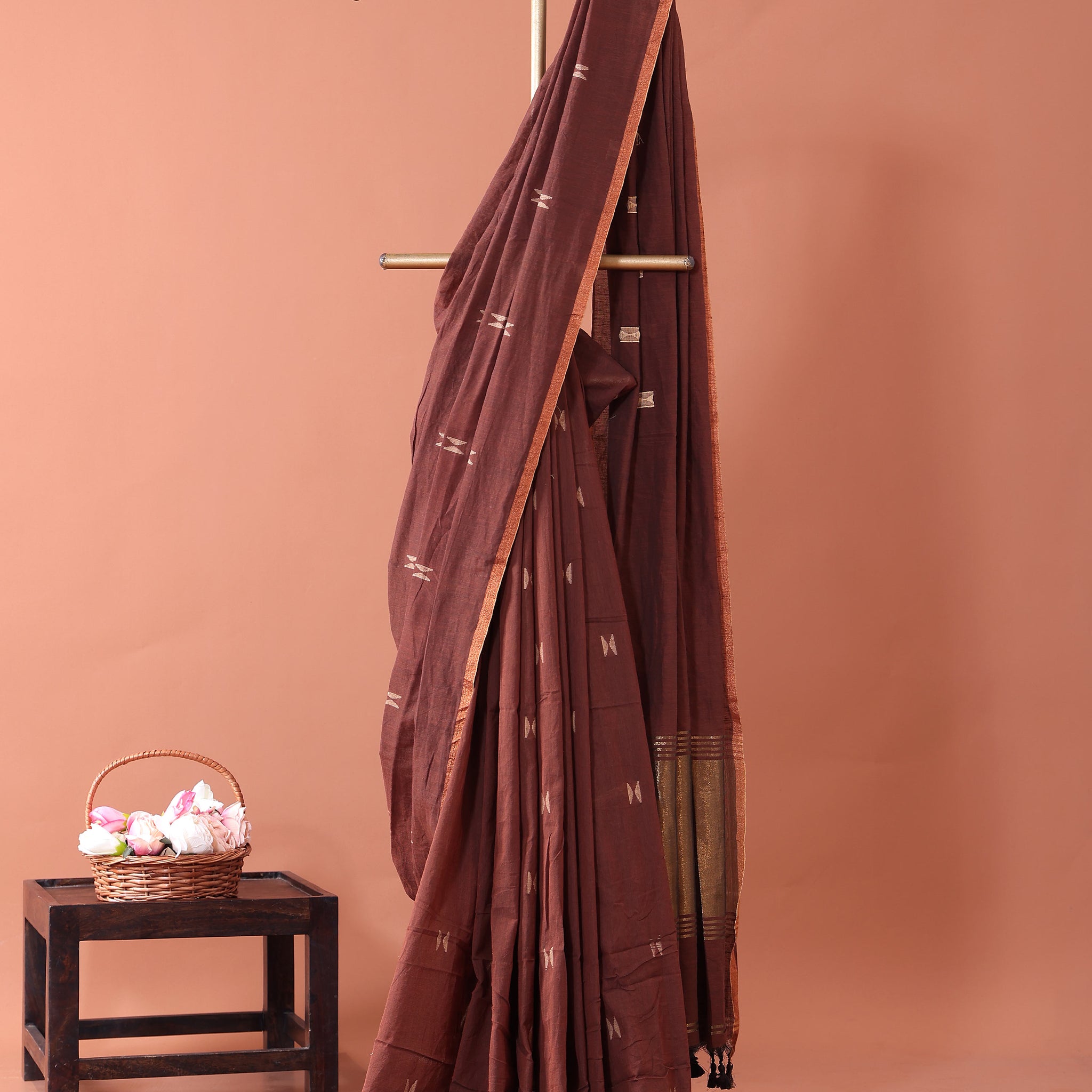 Traditional Semi Silk Cotton Saree Golden Zari Border and All-Over Thread Motifs - Dark Brown