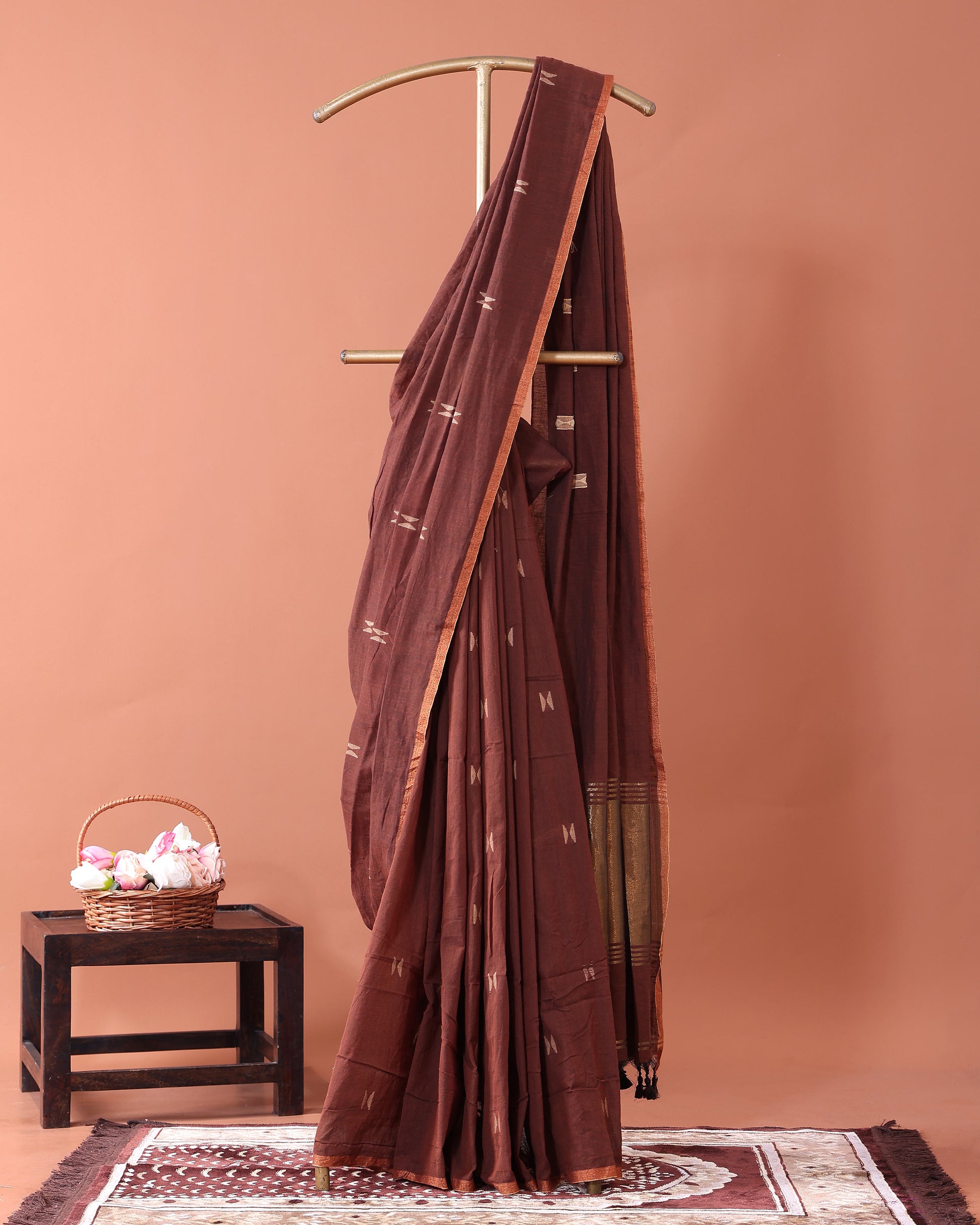 Traditional Semi Silk Cotton Saree Golden Zari Border and All-Over Thread Motifs - Dark Brown