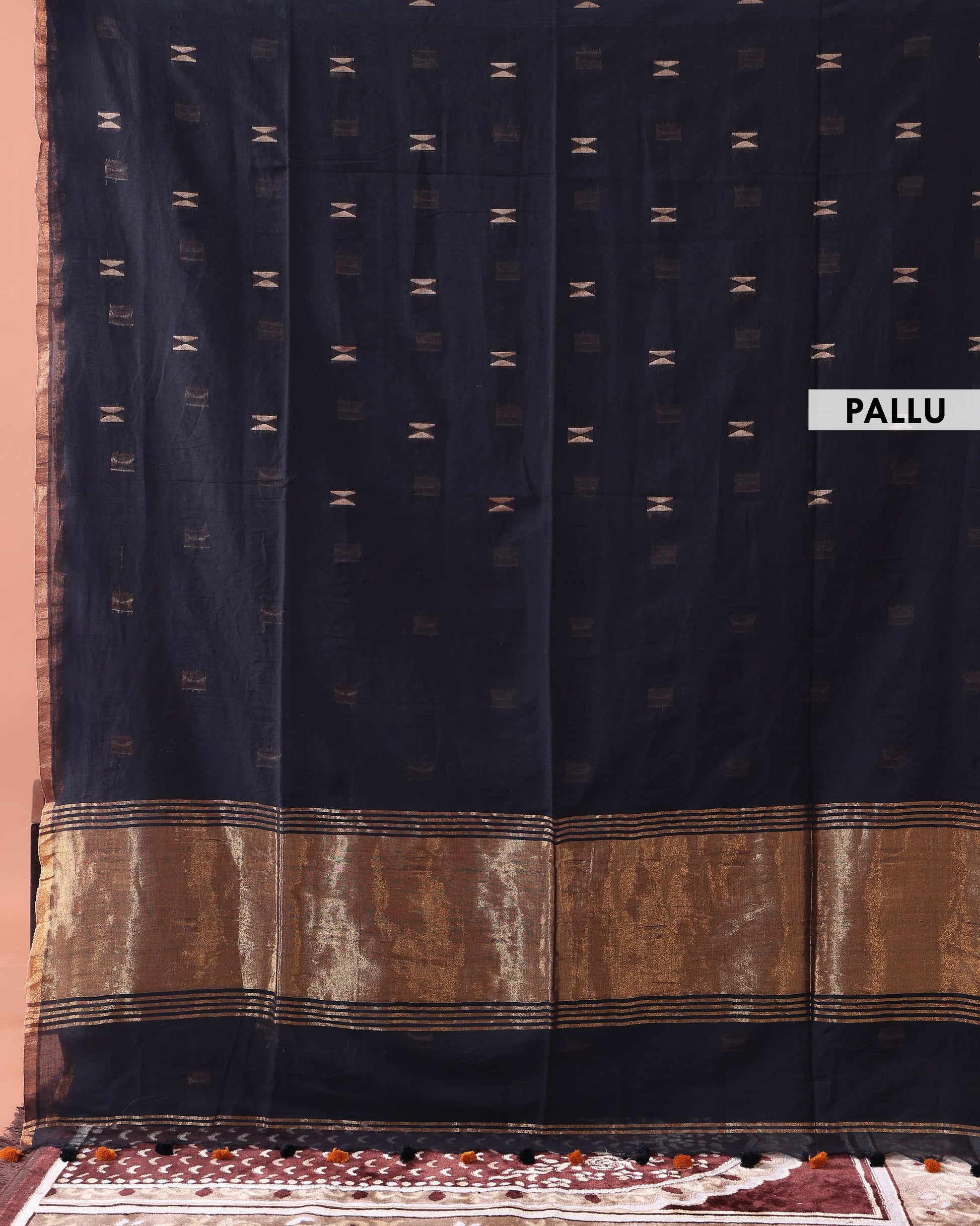 Traditional Semi Silk Cotton Saree Golden Zari Border and All-Over Thread Motifs - Navy Blue