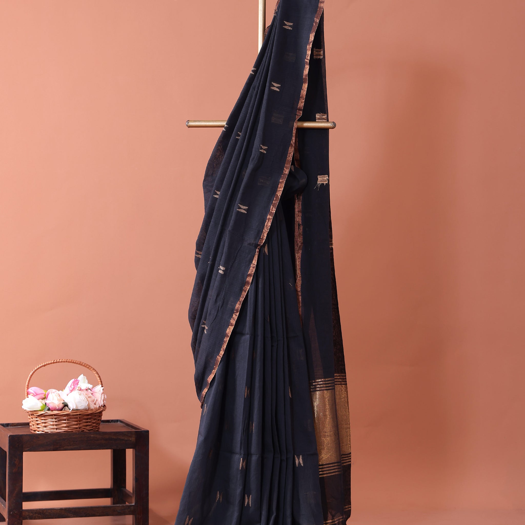 Traditional Semi Silk Cotton Saree Golden Zari Border and All-Over Thread Motifs - Navy Blue