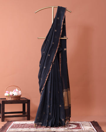 Traditional Semi Silk Cotton Saree Golden Zari Border and All-Over Thread Motifs - Navy Blue