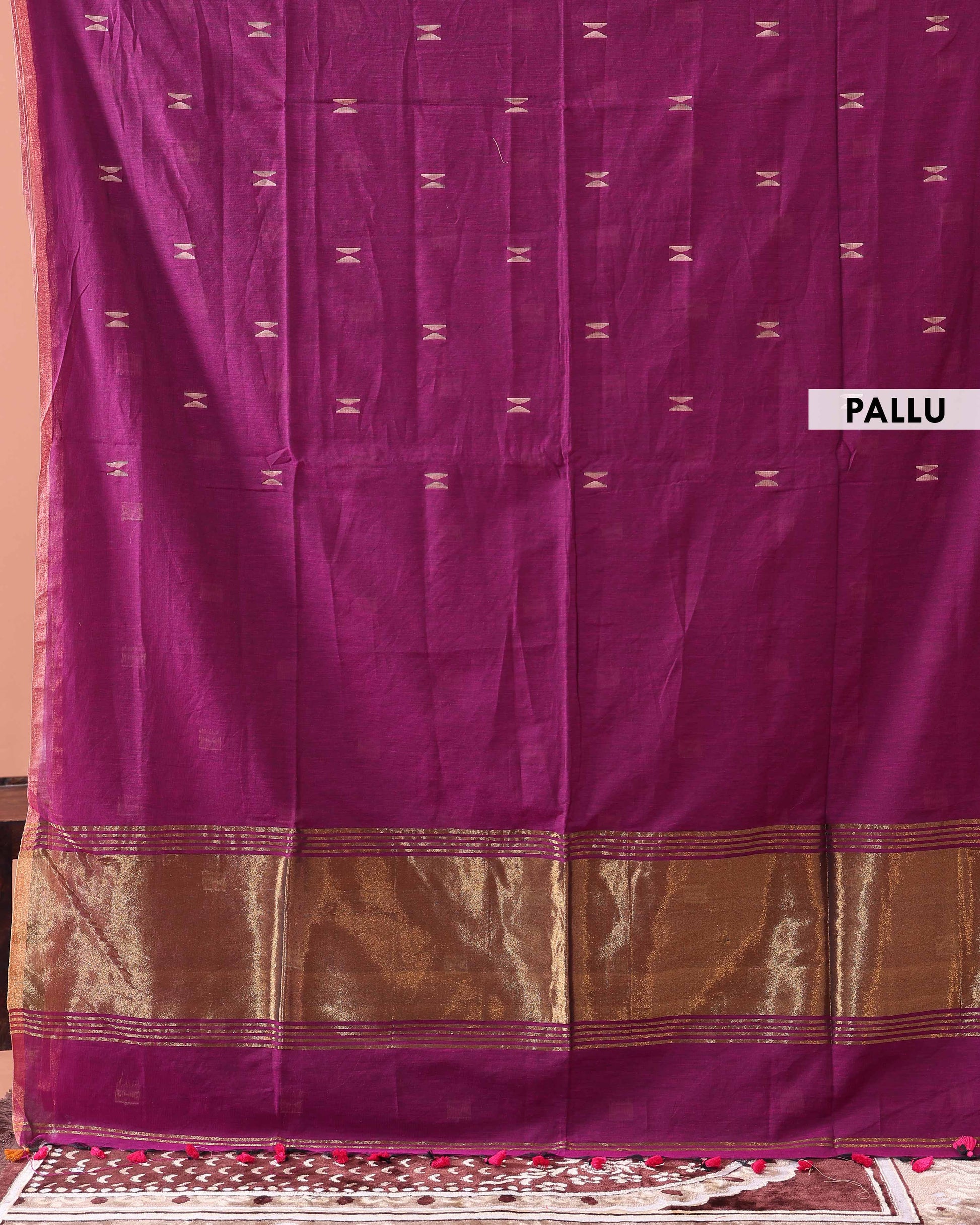 Traditional Semi Silk Cotton Saree Golden Zari Border and All-Over Thread Motifs - Purple