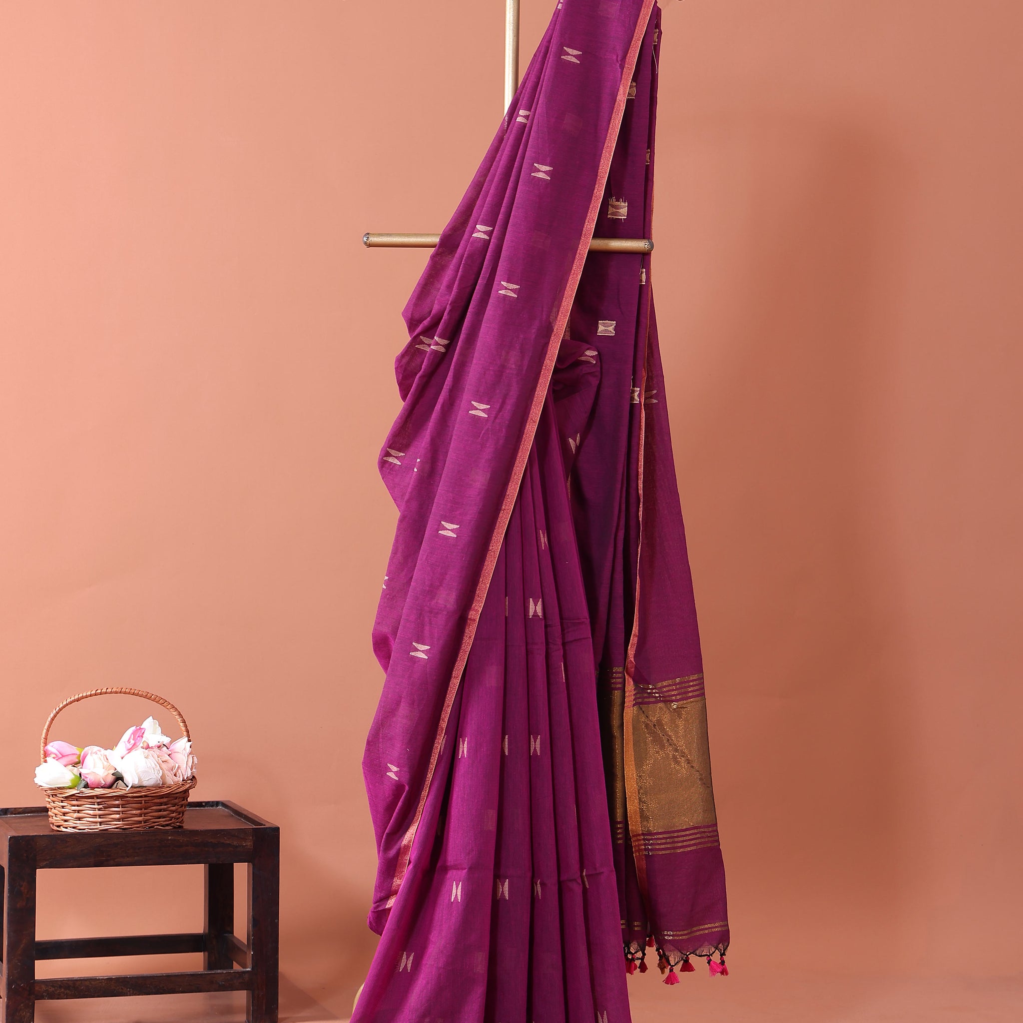 Traditional Semi Silk Cotton Saree Golden Zari Border and All-Over Thread Motifs - Purple