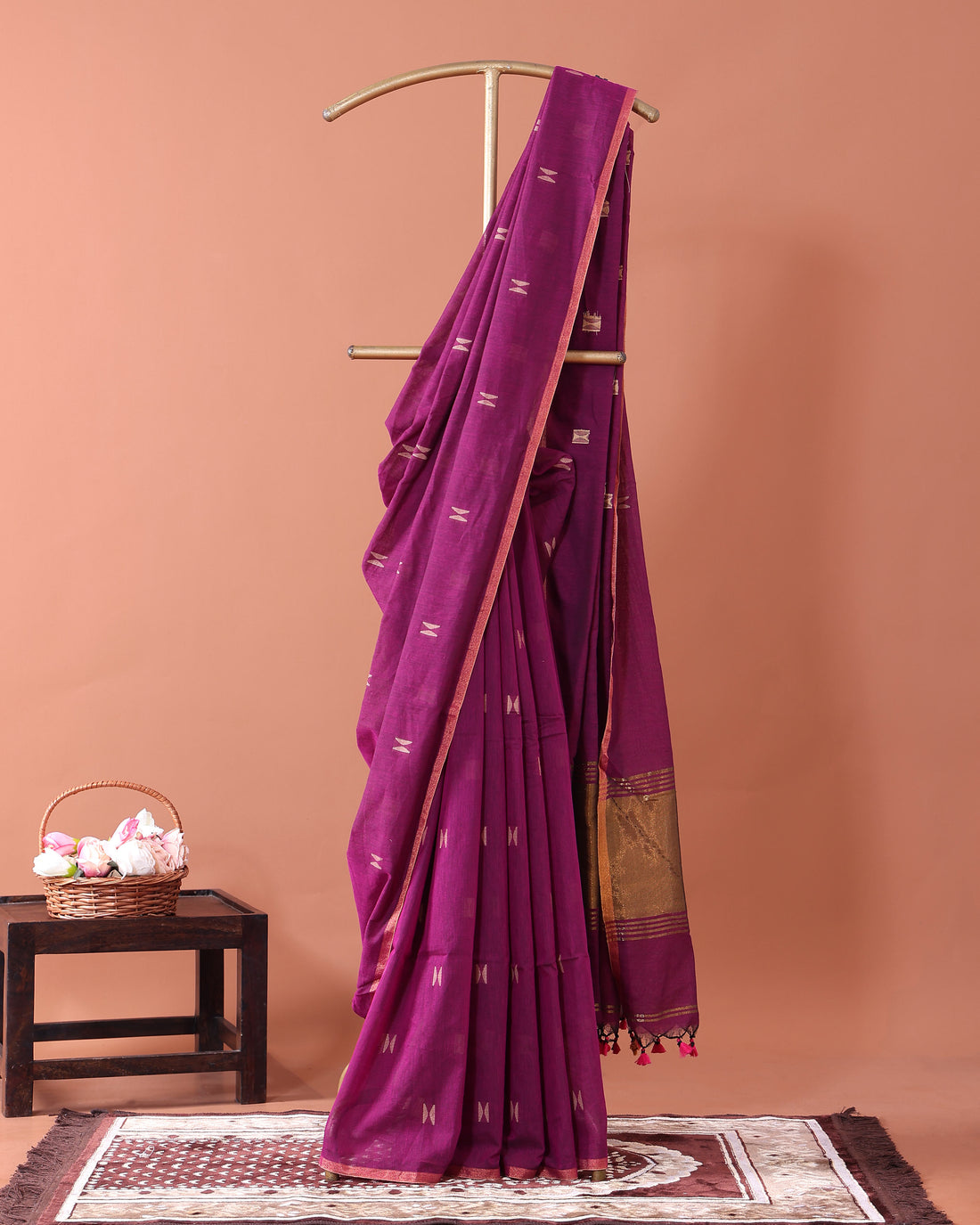 Traditional Semi Silk Cotton Saree Golden Zari Border and All-Over Thread Motifs - Purple